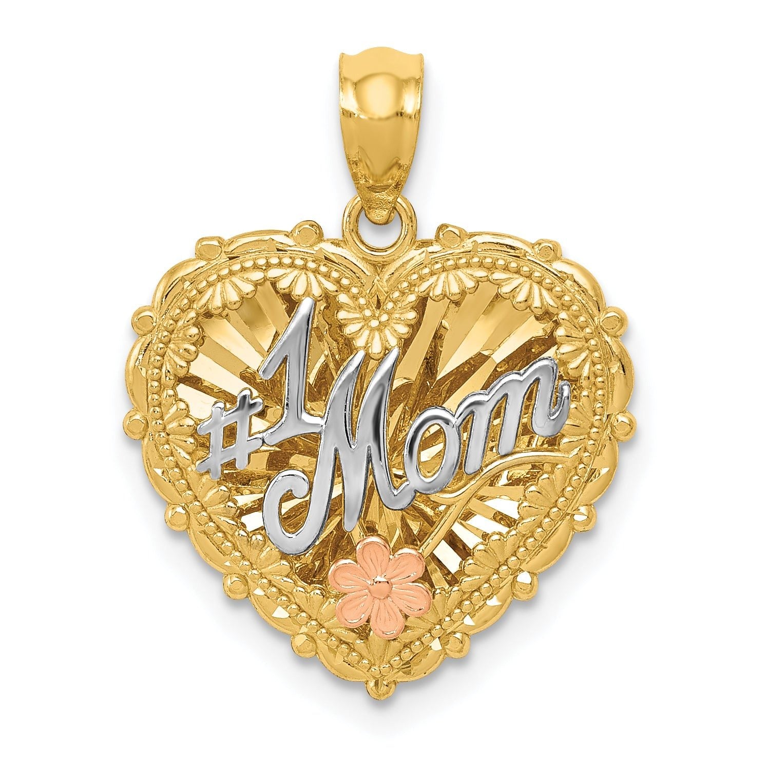 14K Tri-Color Gold #1 MOM Polished Shadowbox Pendant Elegant & Reversible