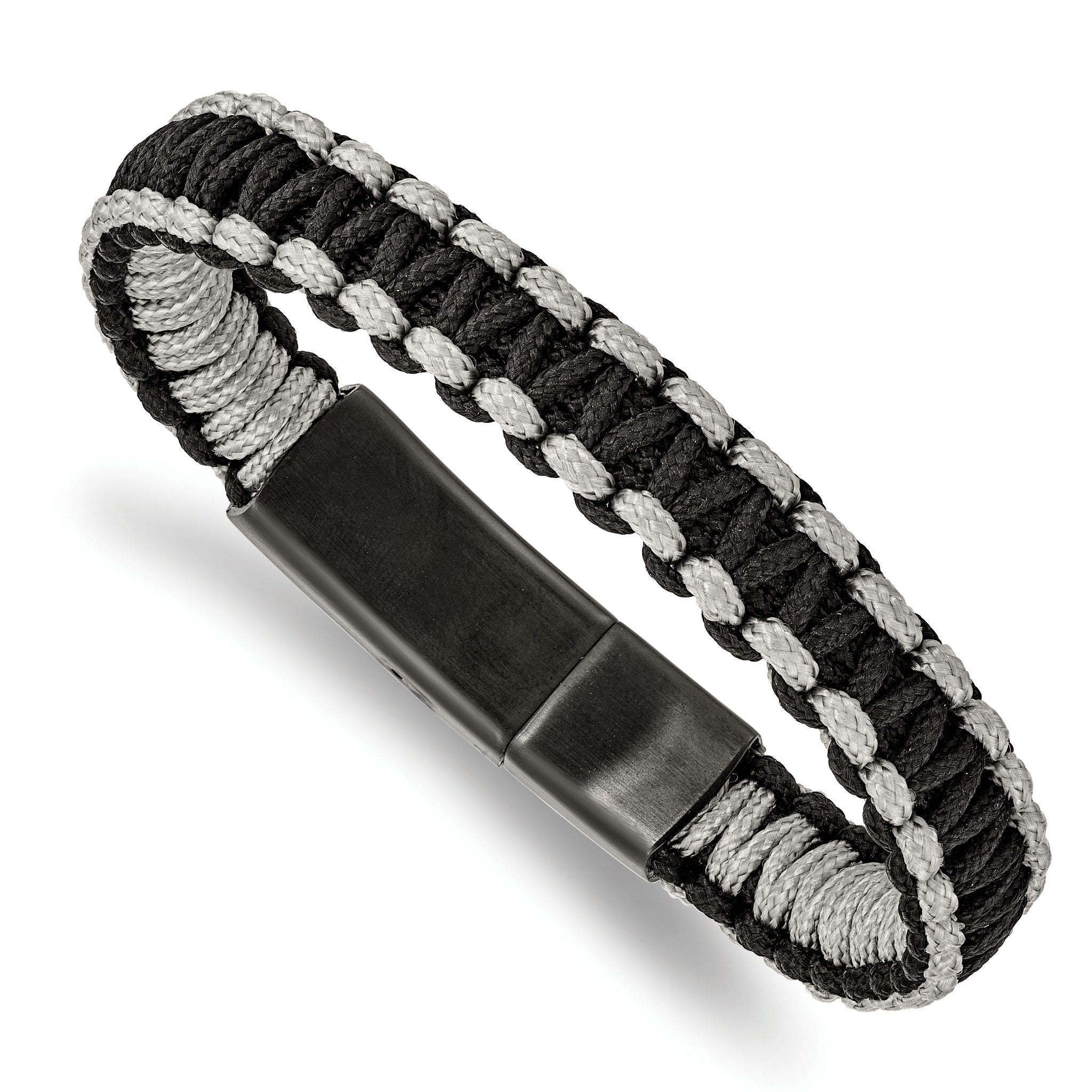 Stainless Steel Brushed Black IP Black/Grey Nylon Bracelet for Men