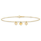 10k Polished Three Heart Dangles 9 inch Plus 1 inch Extender - Total 10 inch Anklet