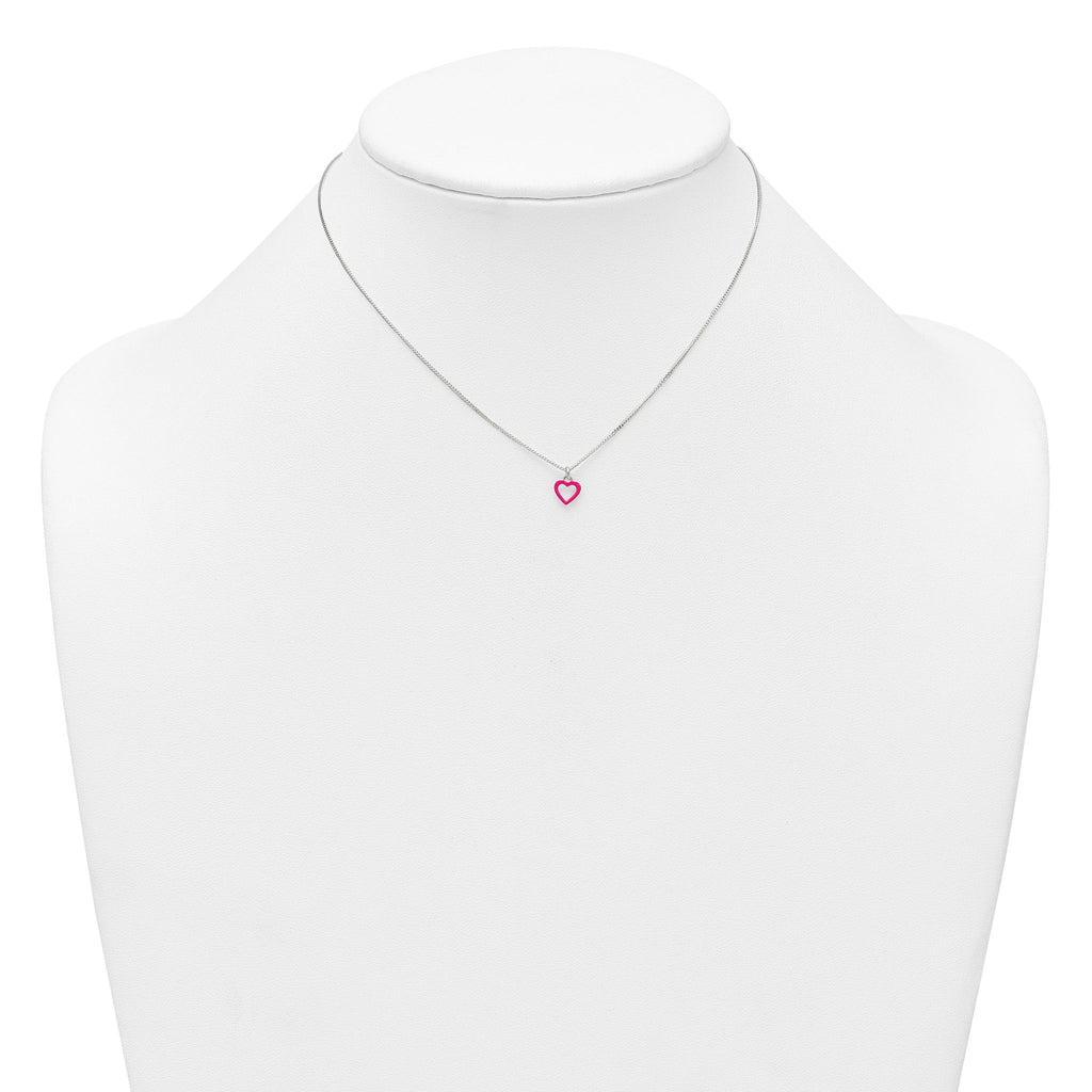 Sterling Silver Polished Pink Enamel Open Heart Childrens 14 inch Necklace and Post Earrings Set