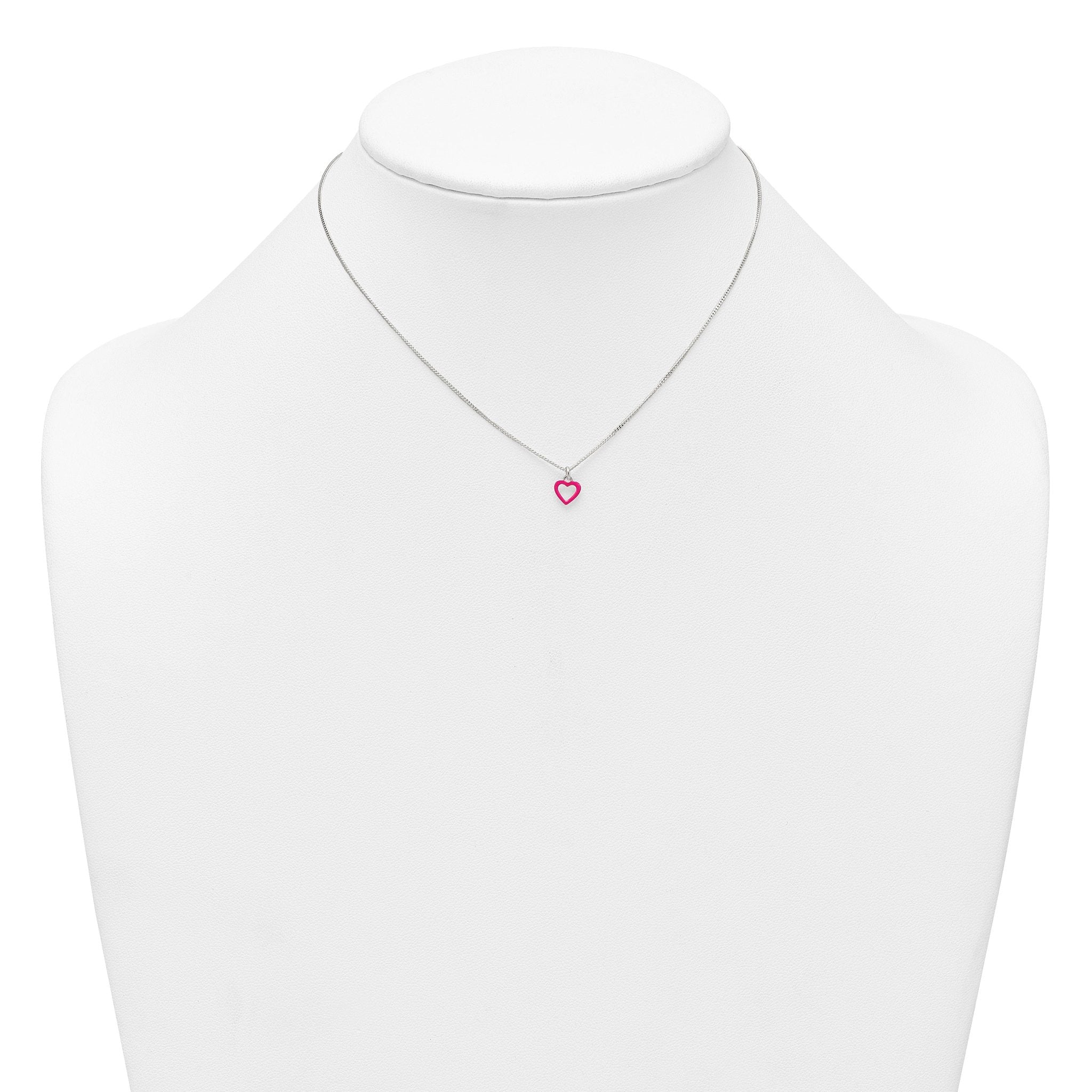 Sterling Silver Polished Pink Enamel Open Heart Childrens 14 inch Necklace and Post Earrings Set