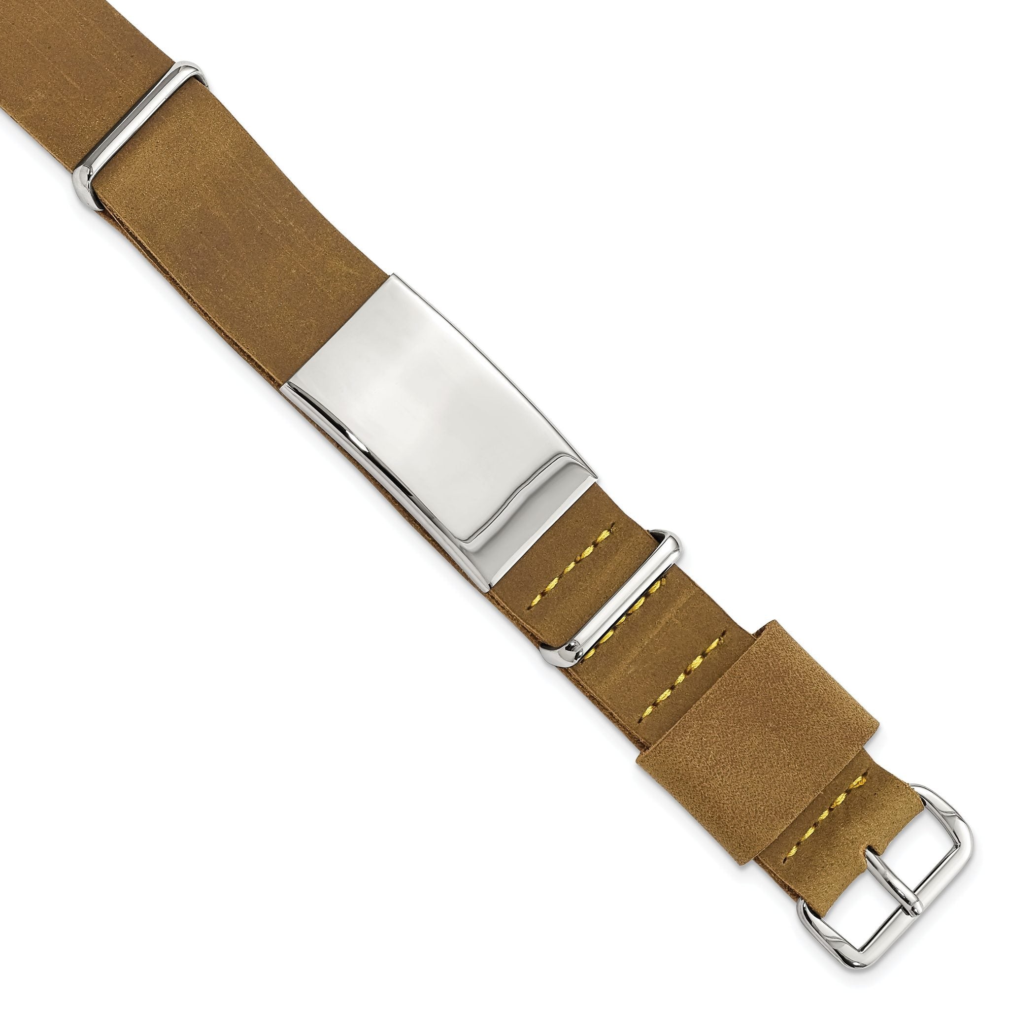 Stainless Steel Polished Brown Leather Adj. ID Bracelet for Men