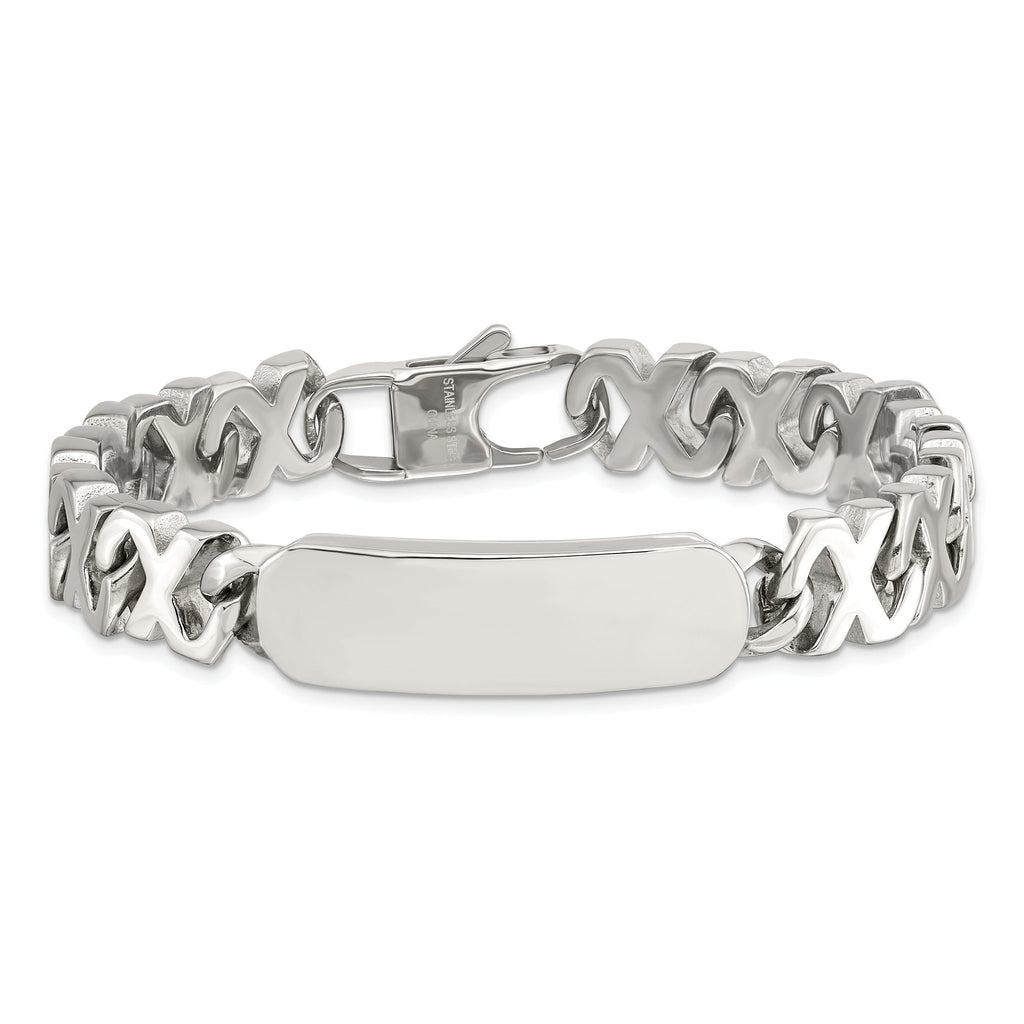 Stainless Steel Polished X Design Link ID Bracelet for Men