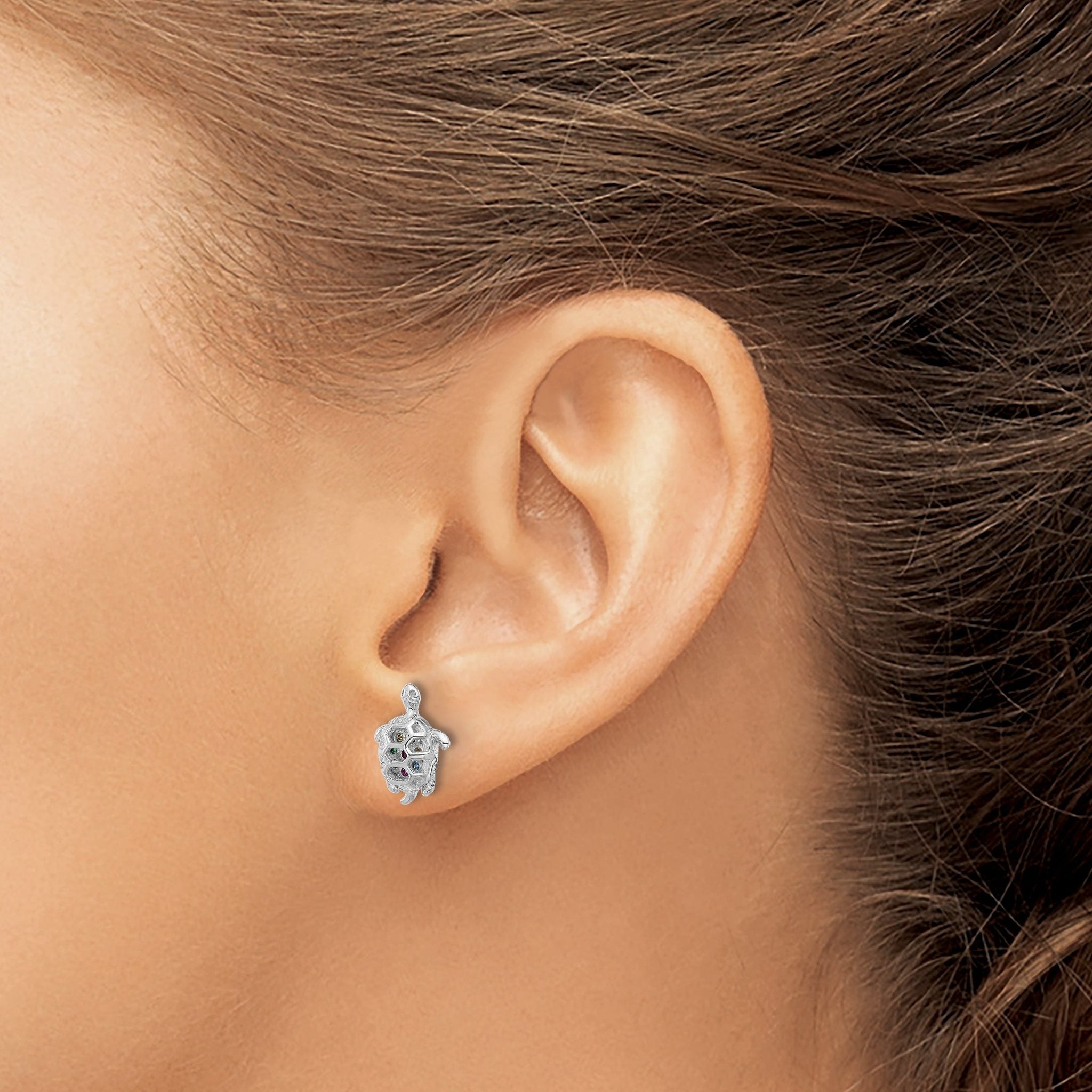 Sterling Silver Rhodium-plated Polished Multi-color CZ Turtle Post Earrings Secondary image