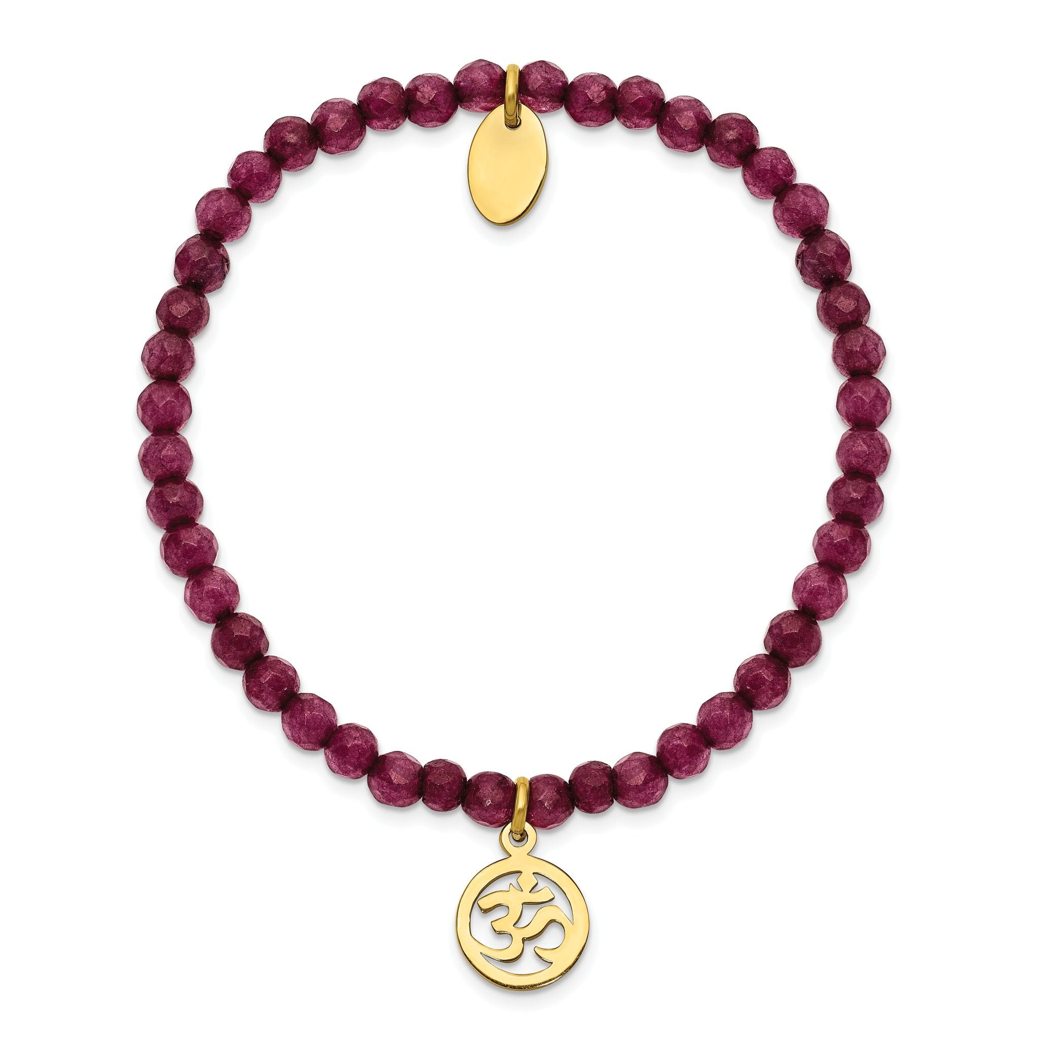 Stainless Steel Polished Yellow IP-plated Ohm 4mm Purple Jade Beaded Stretch Bracelet for Women Secondary image