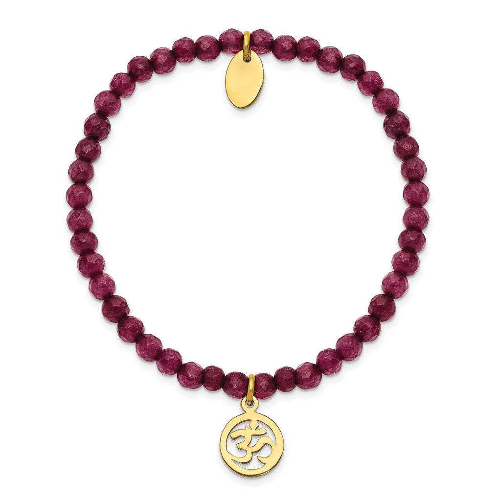 Stainless Steel Polished Yellow IP-plated Ohm 4mm Purple Jade Beaded Stretch Bracelet for Women