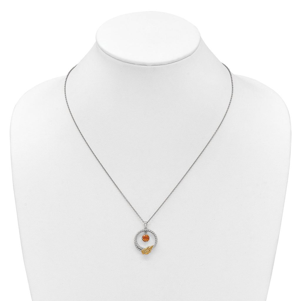 Shey Couture Sterling Silver Rhodium-plated Twisted Circle with 14k Leaf Accent Round Citrine Dangle 18 inch with 2 inch Extension Necklace