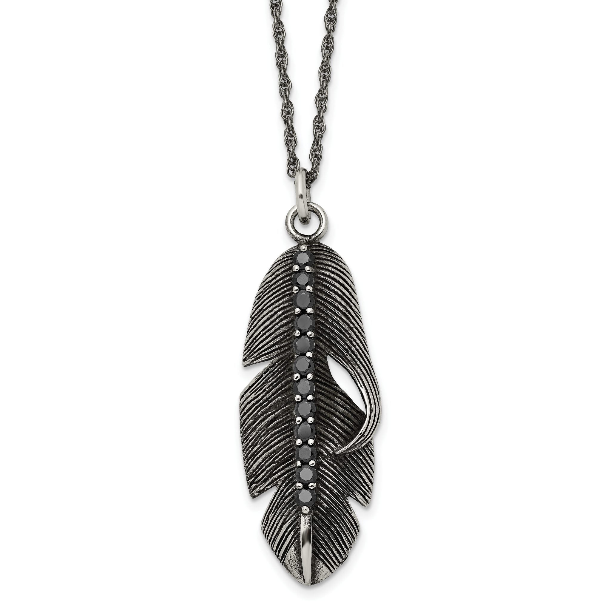 Chisel Stainless Steel Antiqued and Polished with Black CZ Feather Pendant on a 20 inch Singapore Chain Necklace Main image
