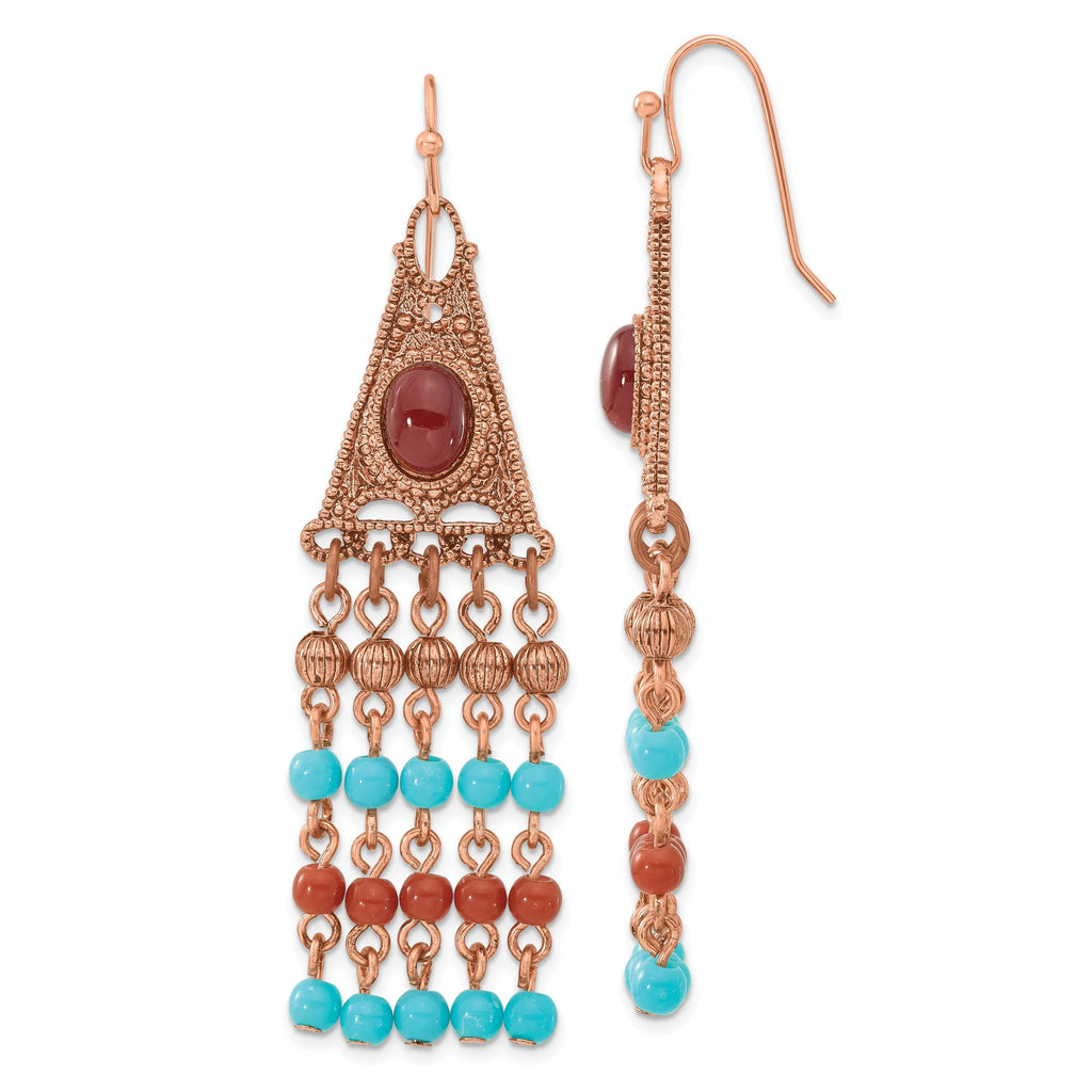 Aqua & Brown Beaded Dangle Earrings in Copper-Tone