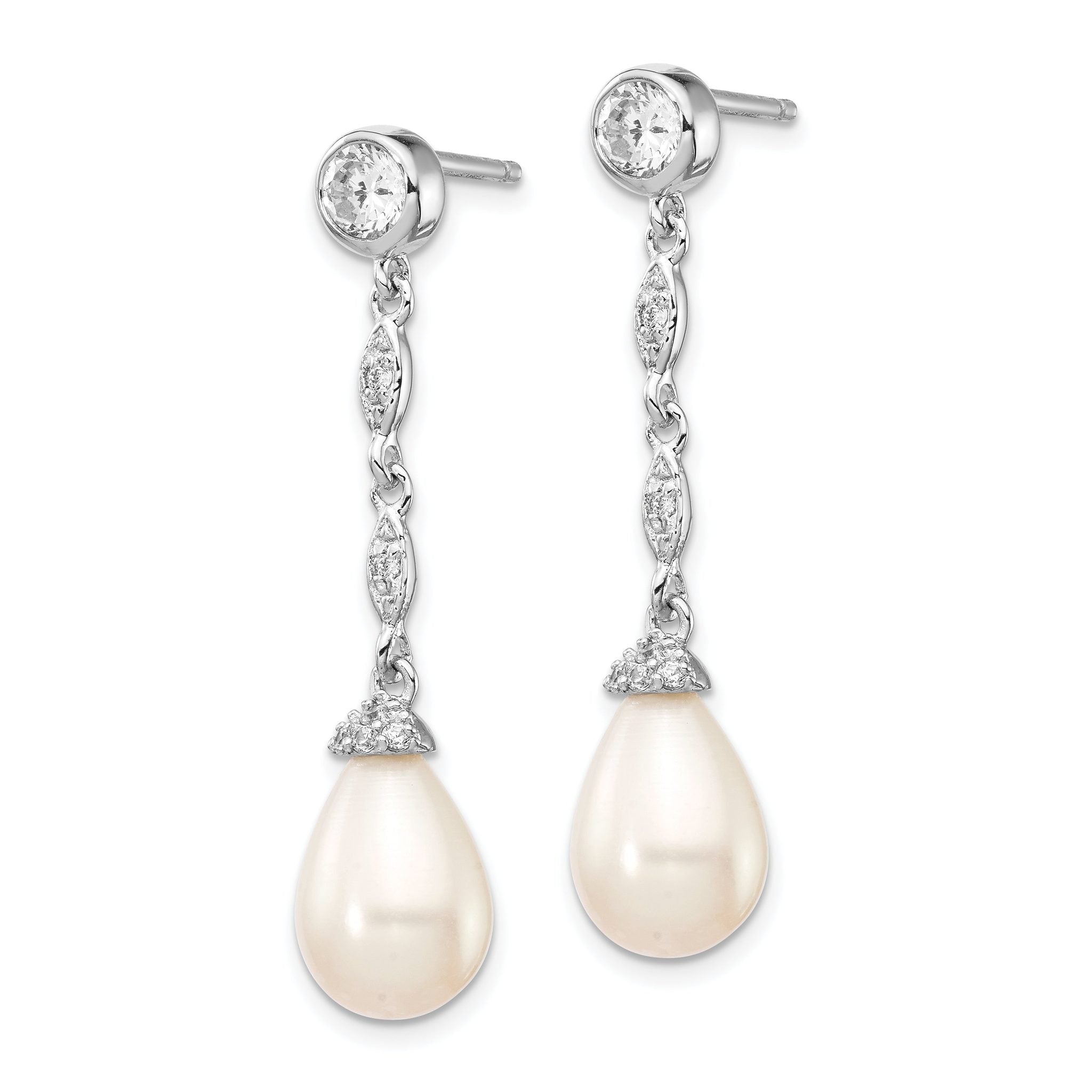 Cheryl M Sterling Silver Rhodium-plated Teardrop Freshwater Cultured Pearl and Brilliant-cut CZ Post Dangle Earrings Secondary image