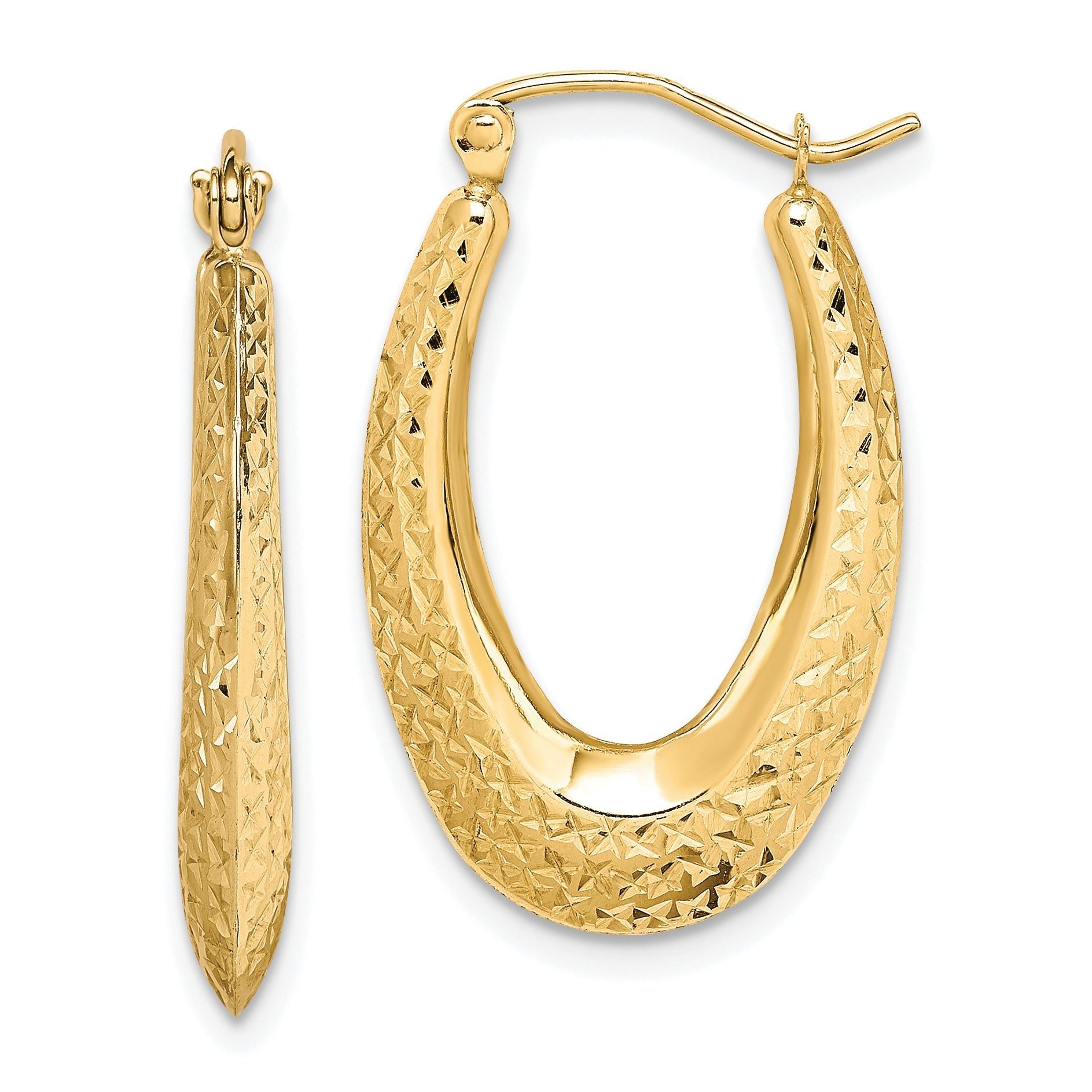10K Gold Textured Hollow Oval Hoop Earrings for Women Polished Finish