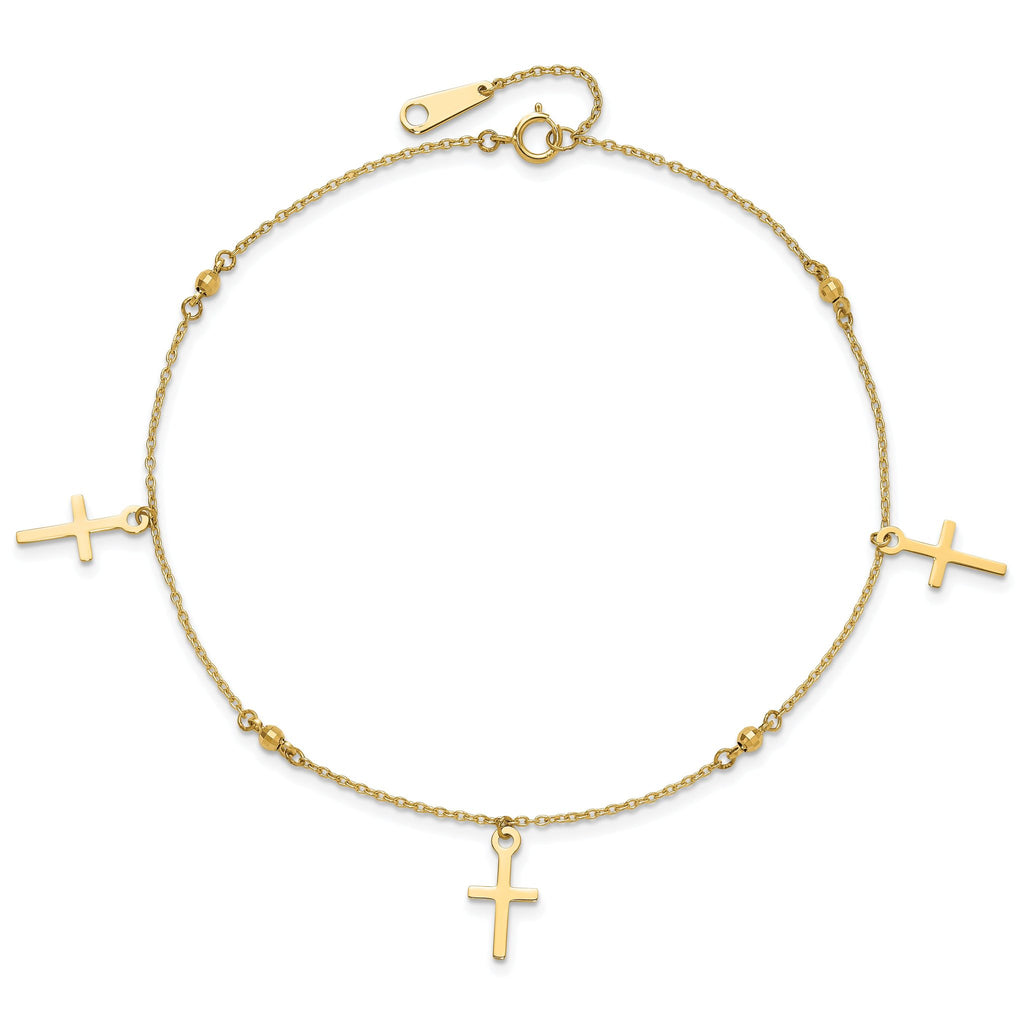 14k Diamond-cut 3 Cross Dangles and Beads 9 inch Plus 1 inch Extender - Total 10 inch Anklet