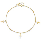 14k Diamond-cut 3 Cross Dangles and Beads 9 inch Plus 1 inch Extender - Total 10 inch Anklet