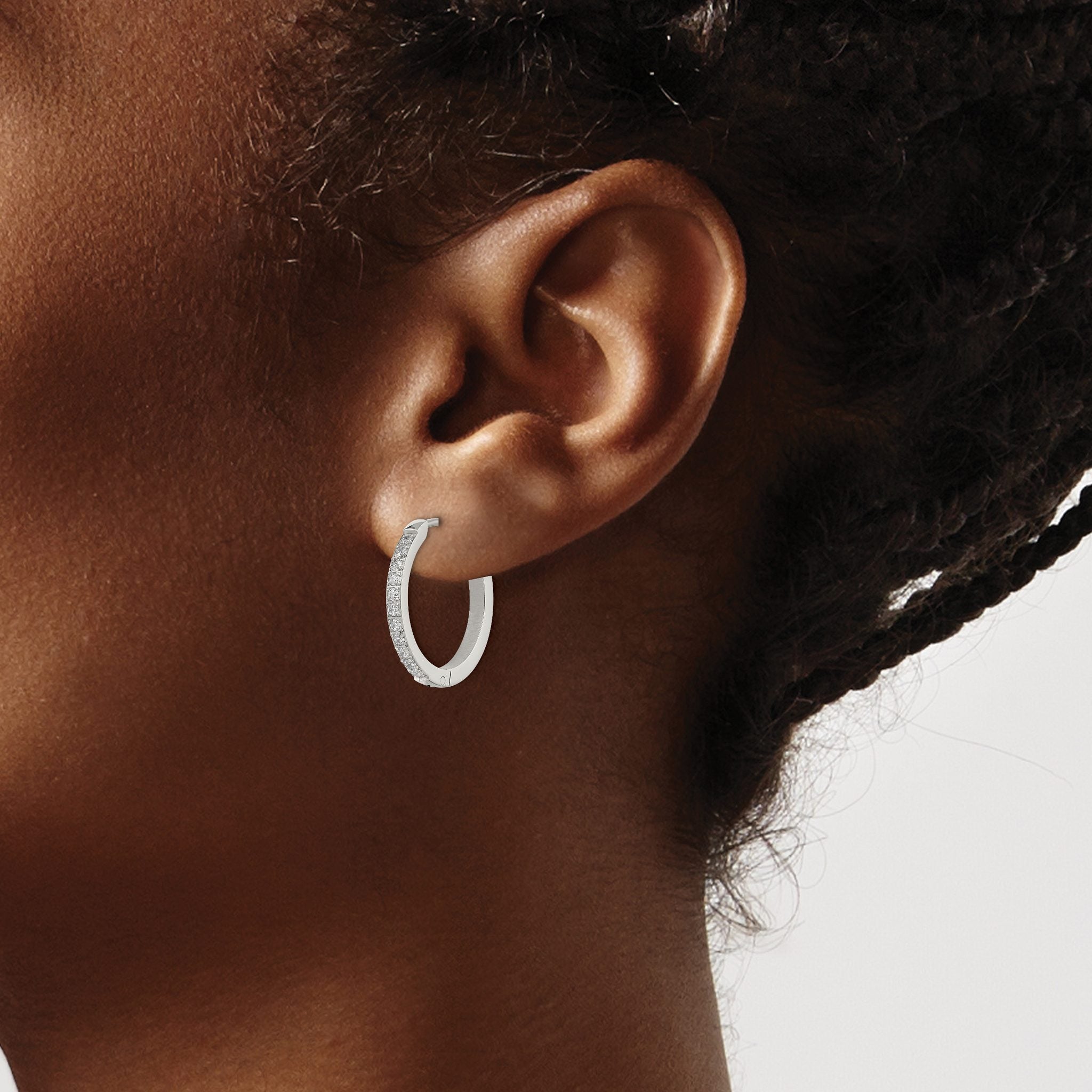 Stainless Steel Polished Hinged Lab-Created Crystal Huggie Hoop Earrings