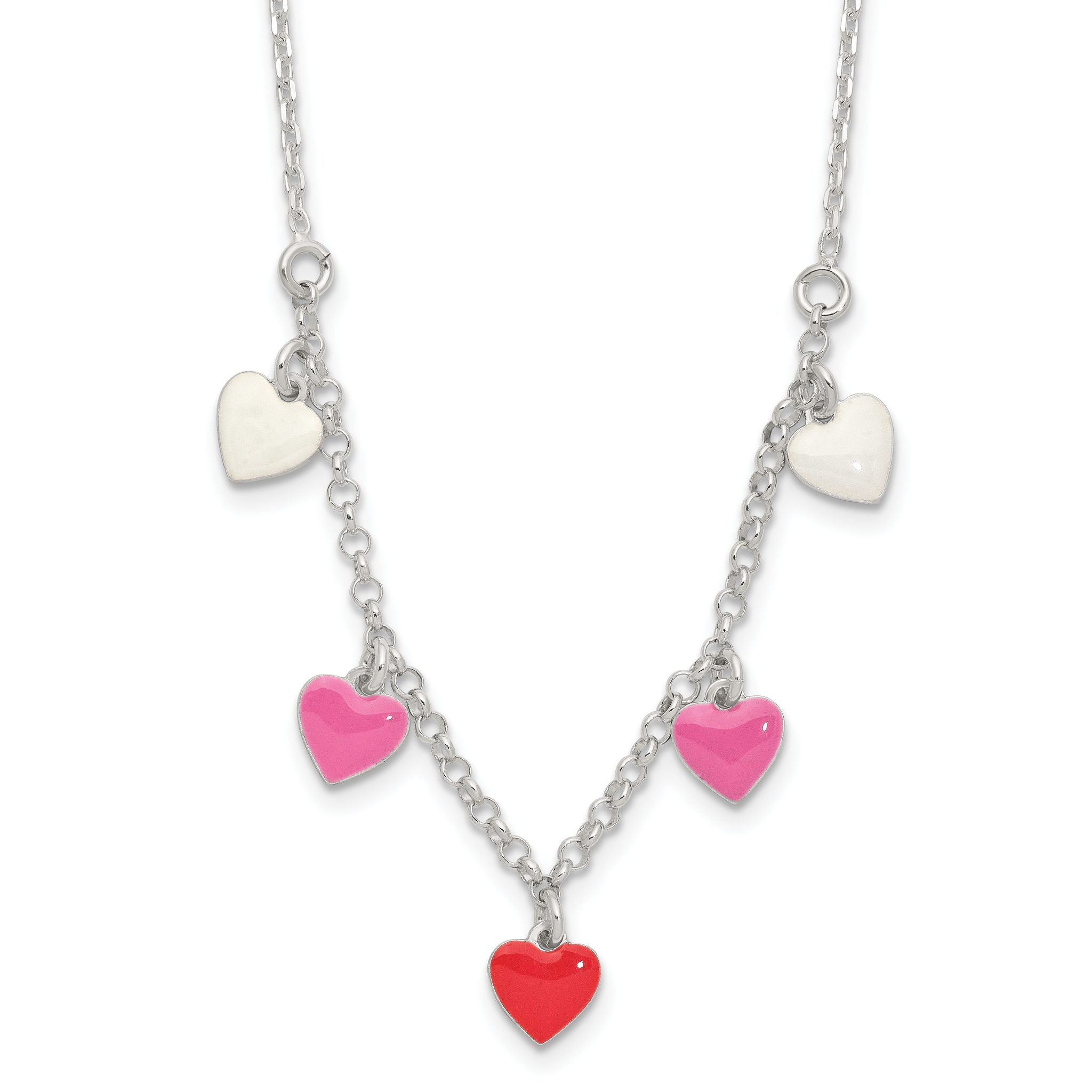 Sterling Silver Polished Pink/Red/White Enamel Heart Children's Necklace Main image