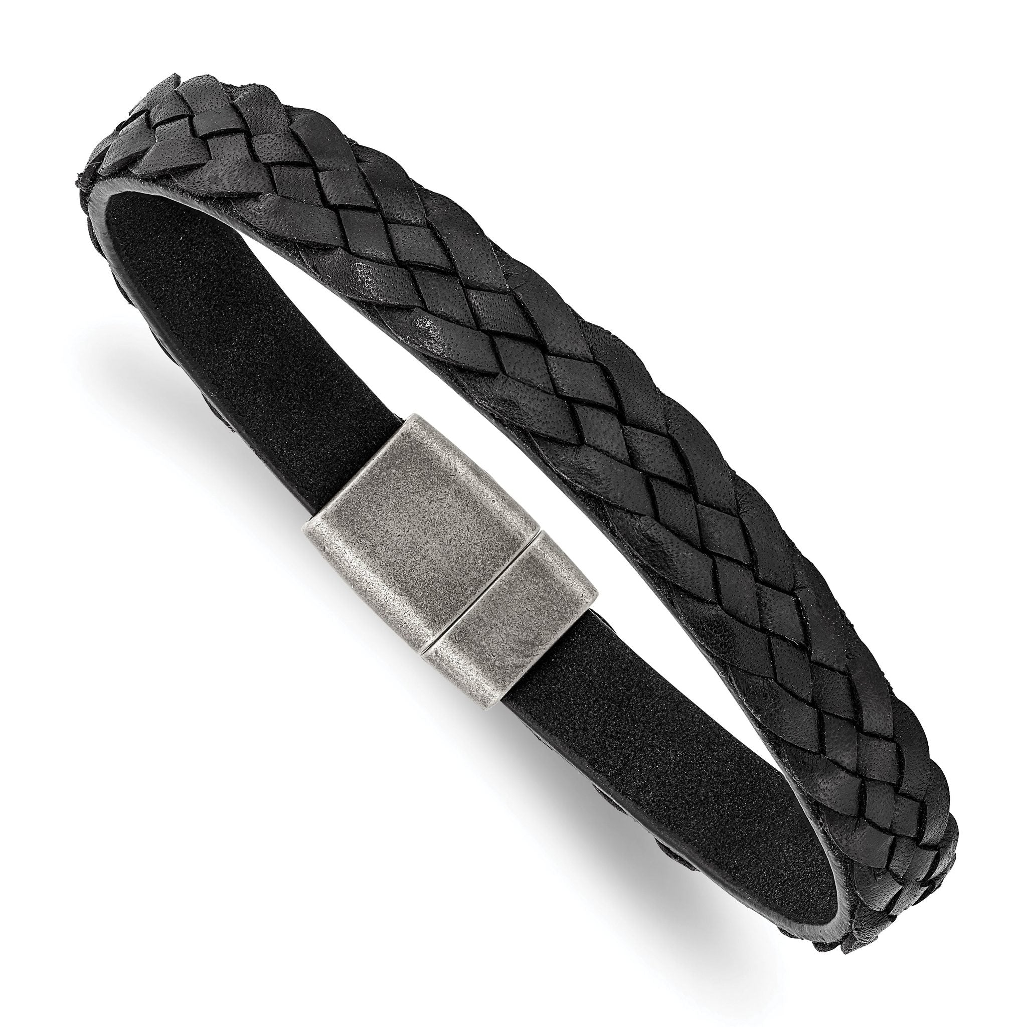 Stainless Steel Antiqued Black Braided Leather Bracelet Main image