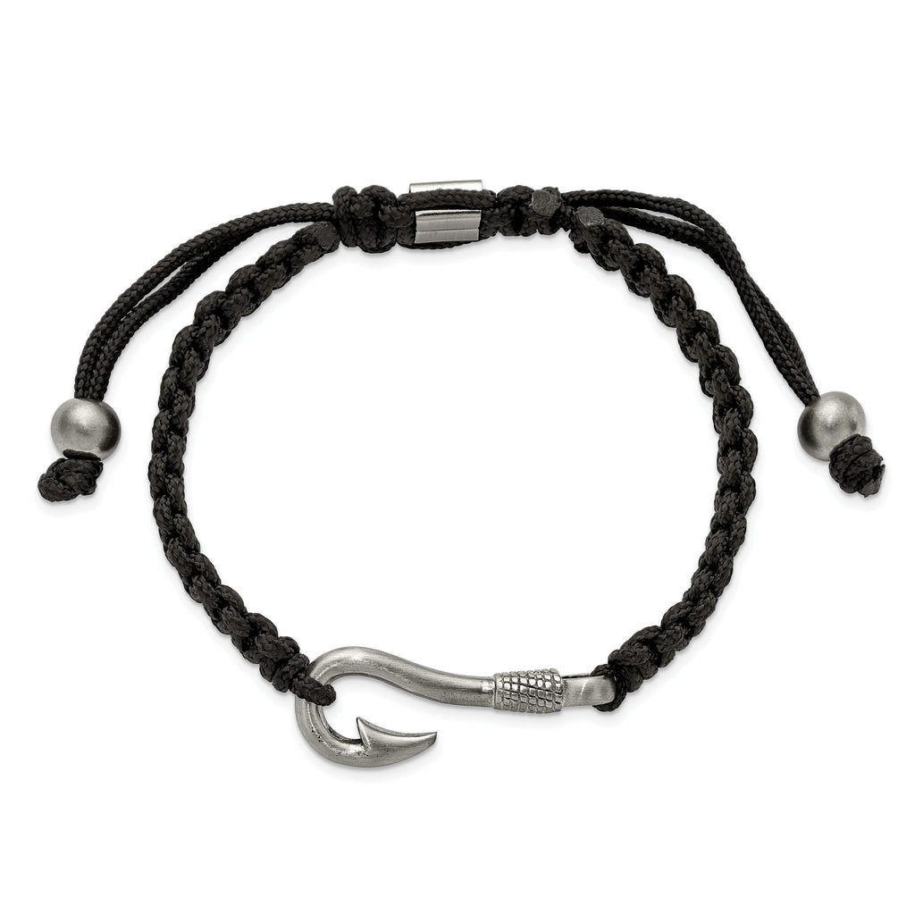 Fishing Hook Adjustable Bracelet in Stainless Steel & Black Nylon