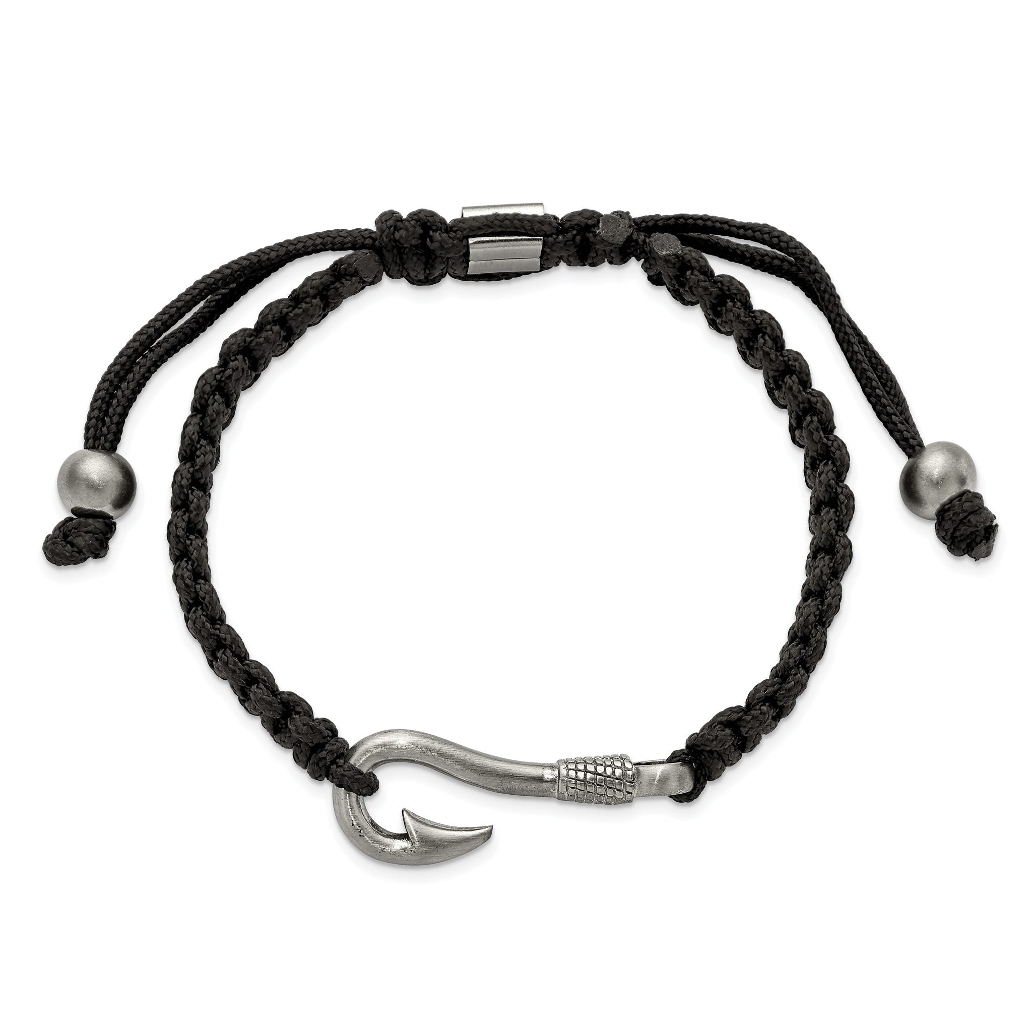 Fishing Hook Adjustable Bracelet in Stainless Steel & Black Nylon