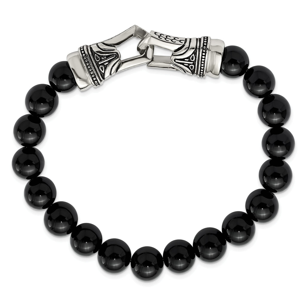 Stainless Steel Antiqued and Polished 10mm Black Agate Beaded Stretch Bracelet for Men