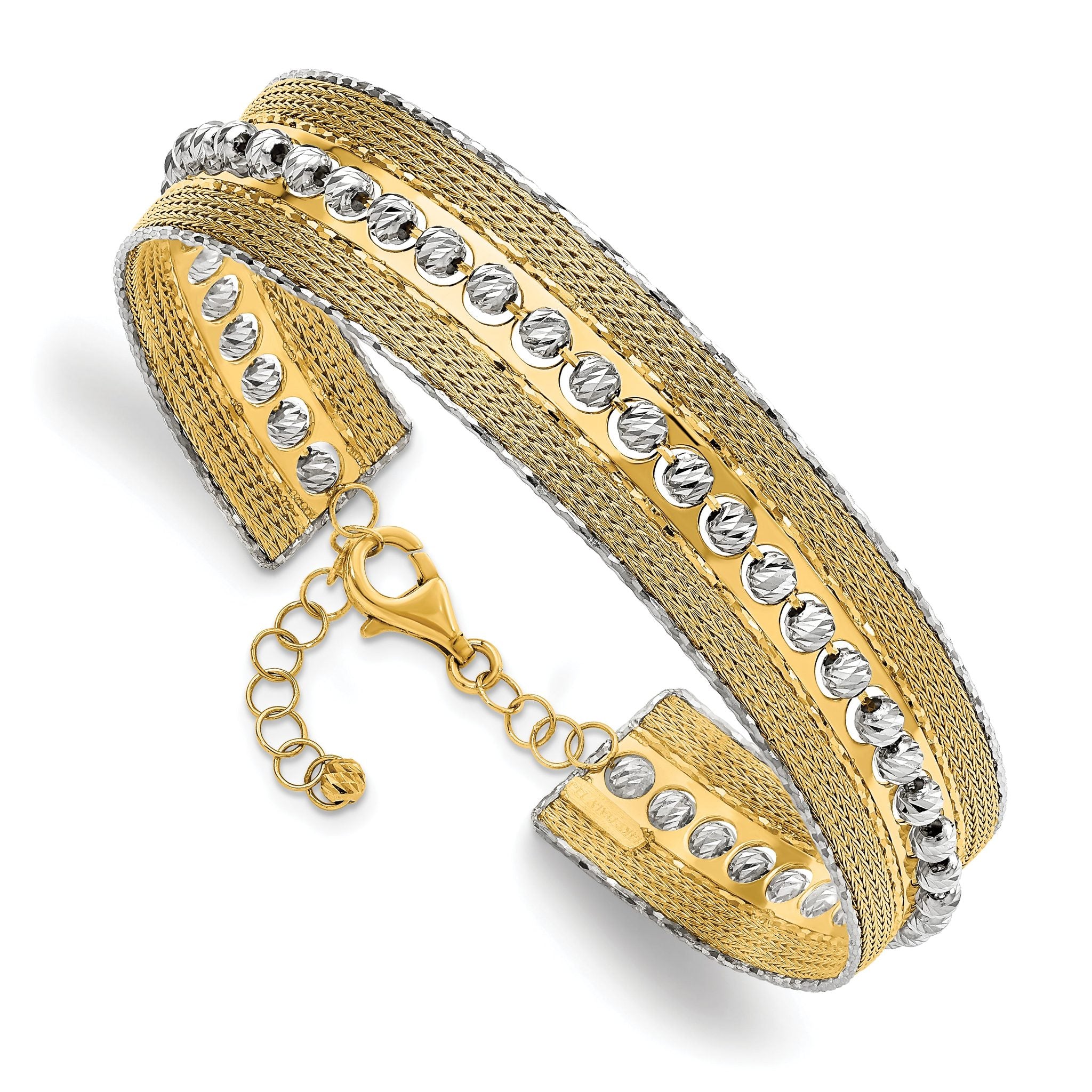 14K Two-tone Diamond-cut and Textured with Safety Chain Bangle Main image