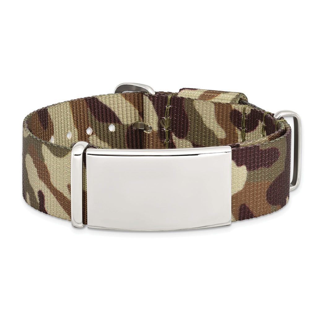 Stainless Steel Polished Brown Camo Fabric Adjustable ID Bracelet for Men