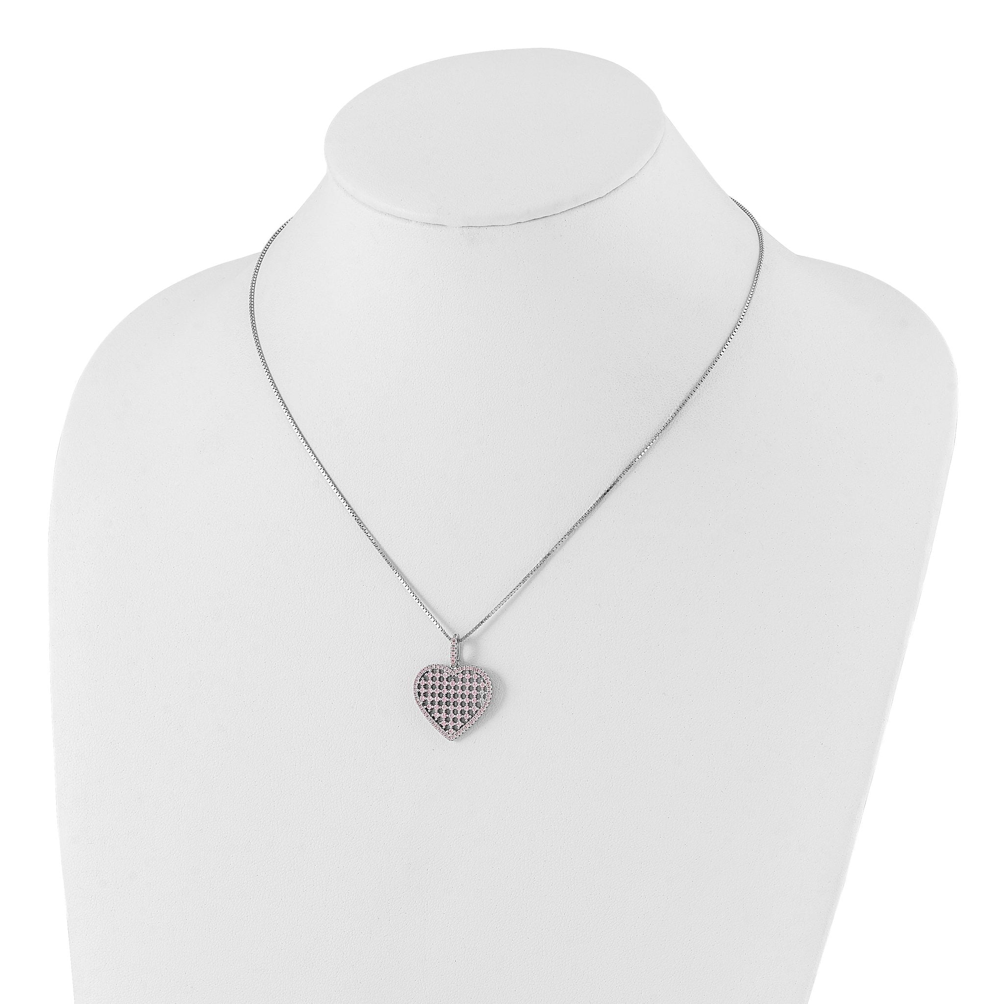 Sterling Silver Pink CZ Heart Necklace with 2in Ext Polished Finish