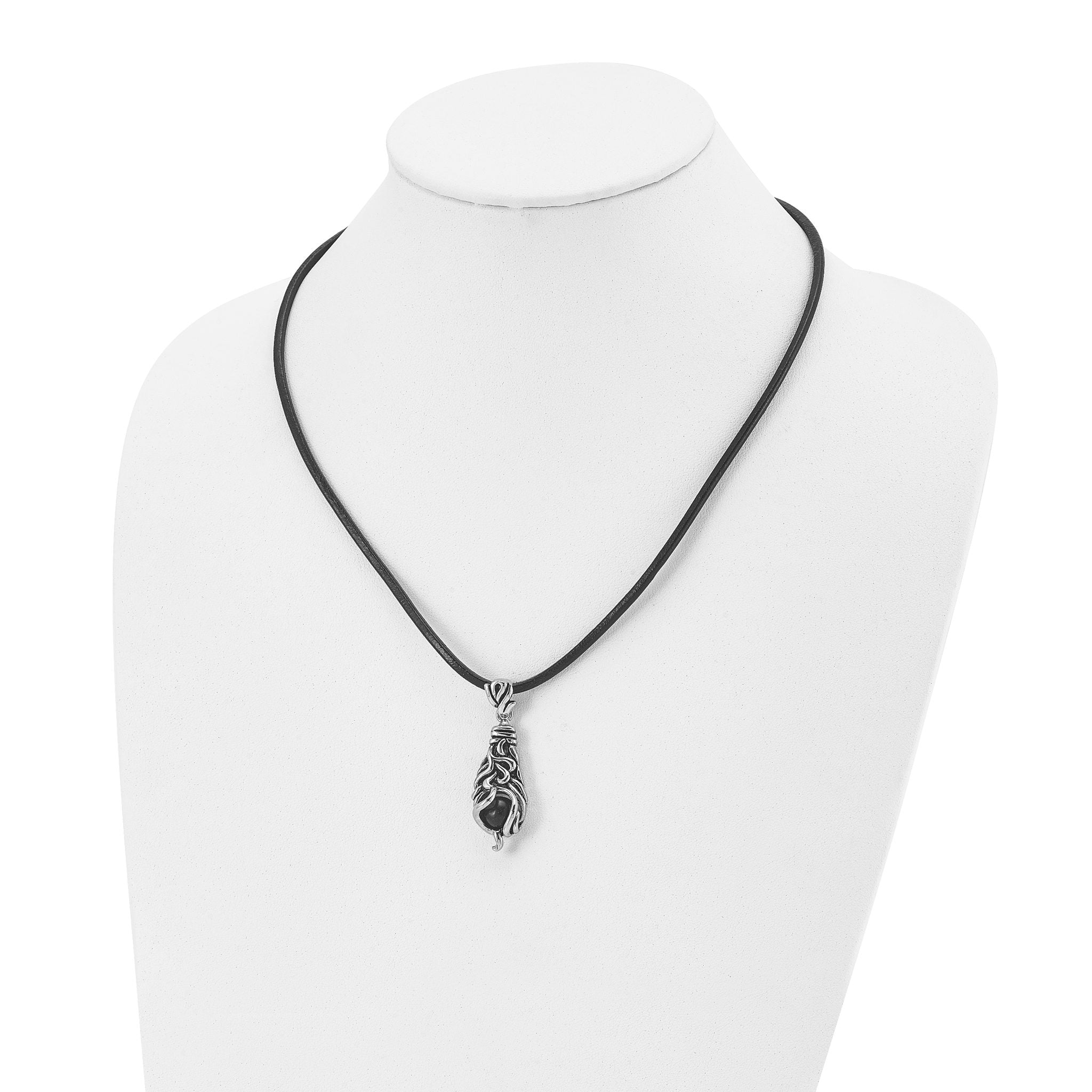 Black Agate Pendant Necklace in Stainless Steel, 20"