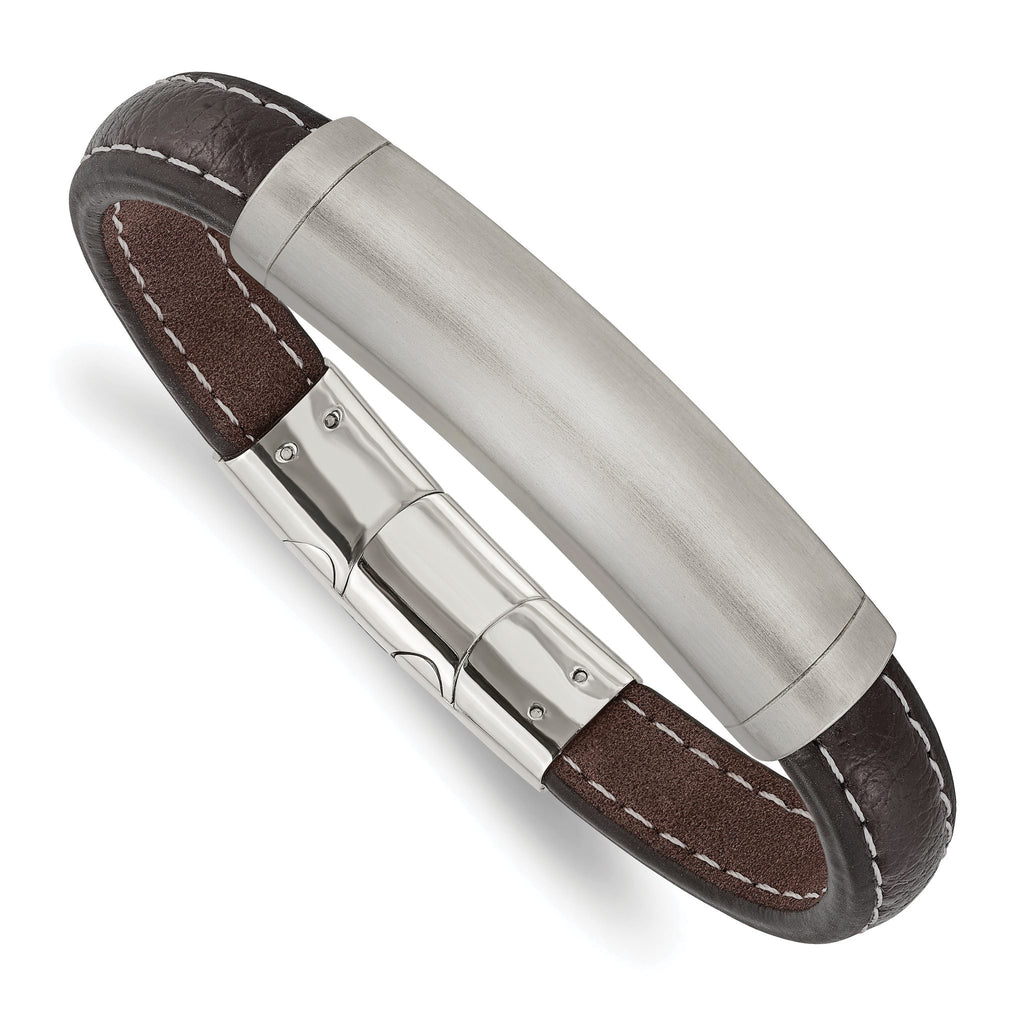 Stainless Steel Brushed Dark Brown Leather ID Bracelet with . Extension for Men