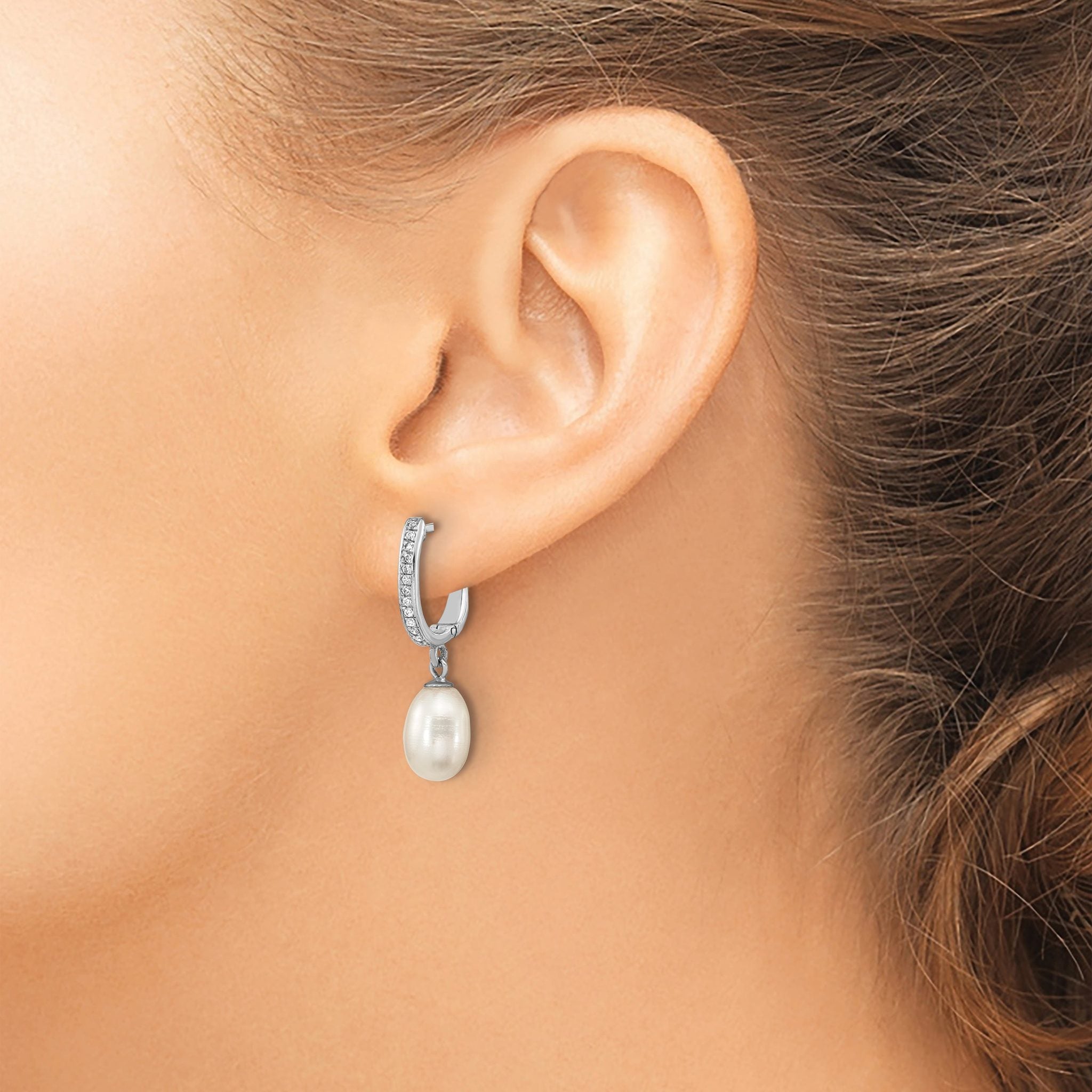 Sterling Silver Rhodium-plated 7-8mm White Rice Freshwater Cultured Pearl and CZ Hoop Dangle Earring