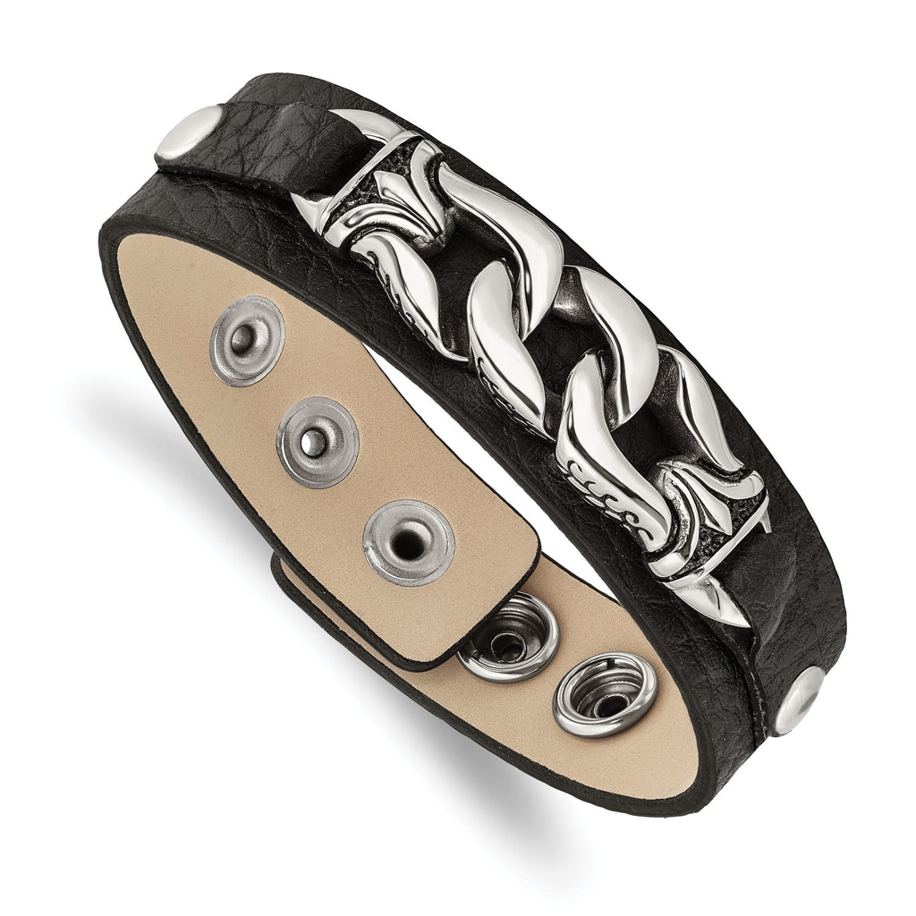 Stainless Steel Black Leather with Antiqued Chain Bracelet for Men