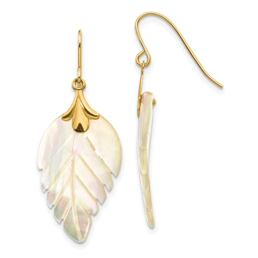 Mother of Pearl Leaf Dangle Earrings in 14K Yellow Gold