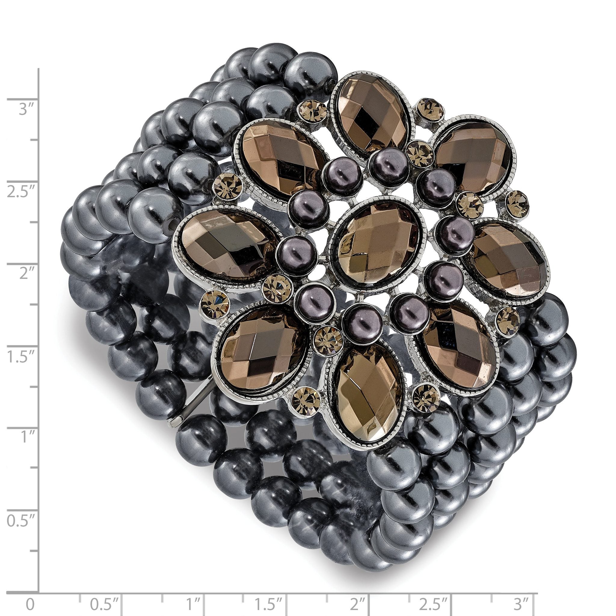 1928 Jewelry Wide Black-plated Floral Frame with Jet Black and Hematite Faceted Acrylic Beads and Round Black Smooth Bead Five Row Stretch Bracelet Secondary image