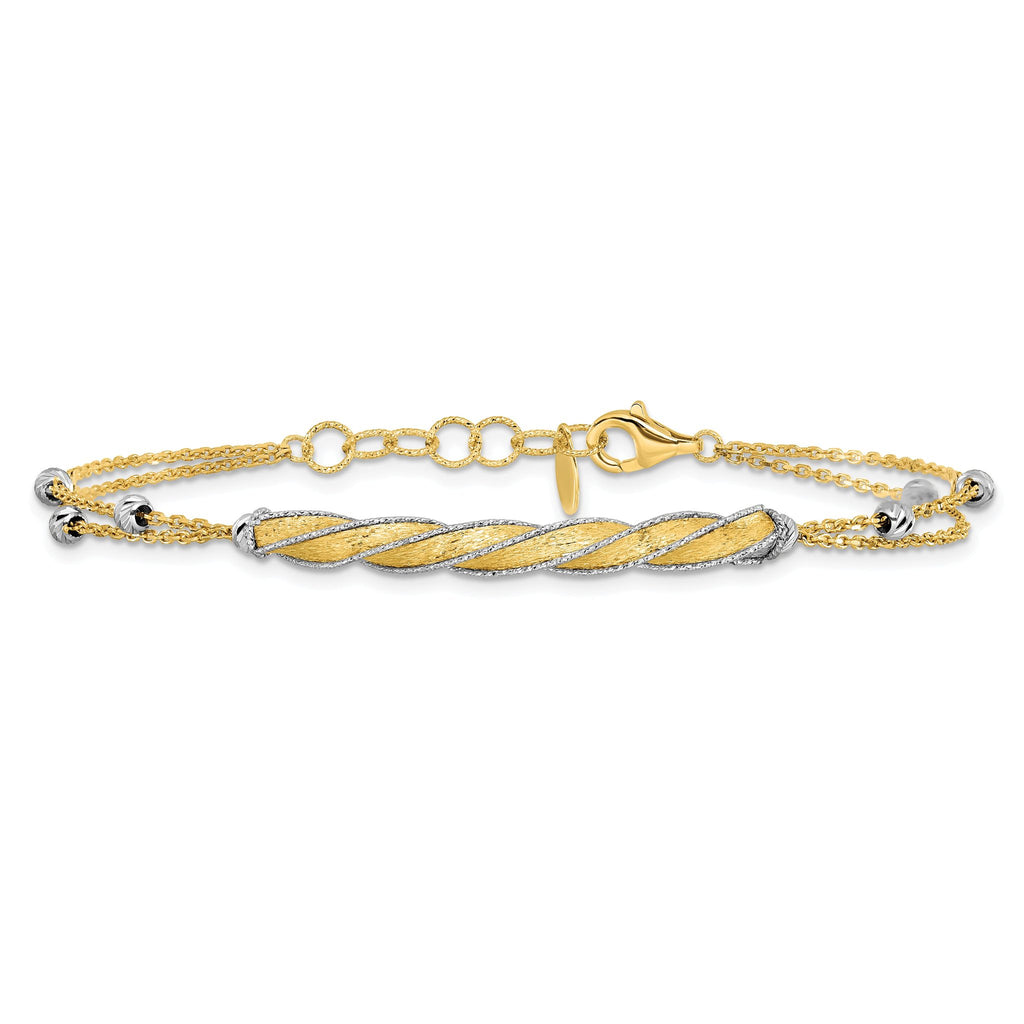 14K Two-tone Polish/Satin/Dia-cut Fancy Bar w/1in ext. Bracelet