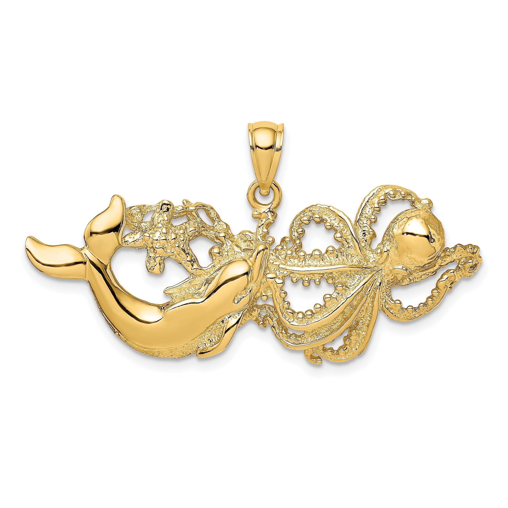 14K Polished and Textured Dolphin and Octopus Pendant Main image