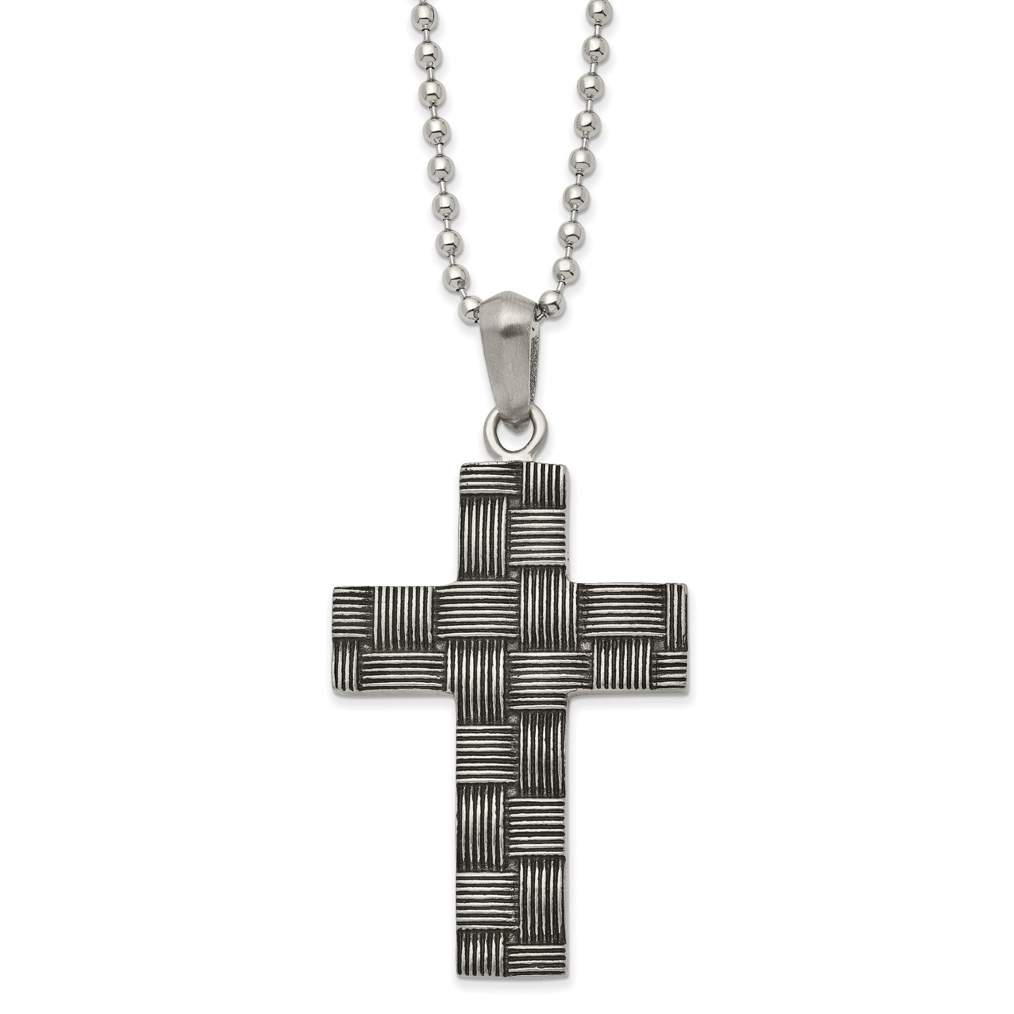 Chisel Stainless Steel Antiqued and Polished Basket Weave Design Cross Pendant on a 22 inch Ball Chain Necklace Main image