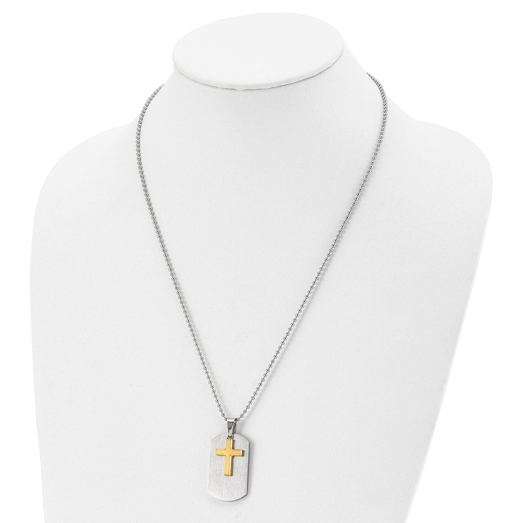 Chisel Stainless Steel Brushed and Polished Yellow IP-plated 2 Piece Cross Dog Tag on a 22 inch Ball Chain Necklace