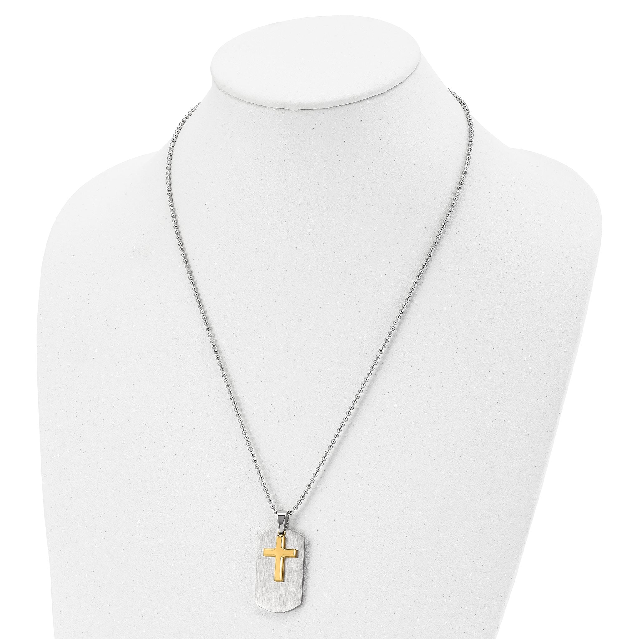 Chisel Stainless Steel Brushed and Polished Yellow IP-plated 2 Piece Cross Dog Tag on a 22 inch Ball Chain Necklace