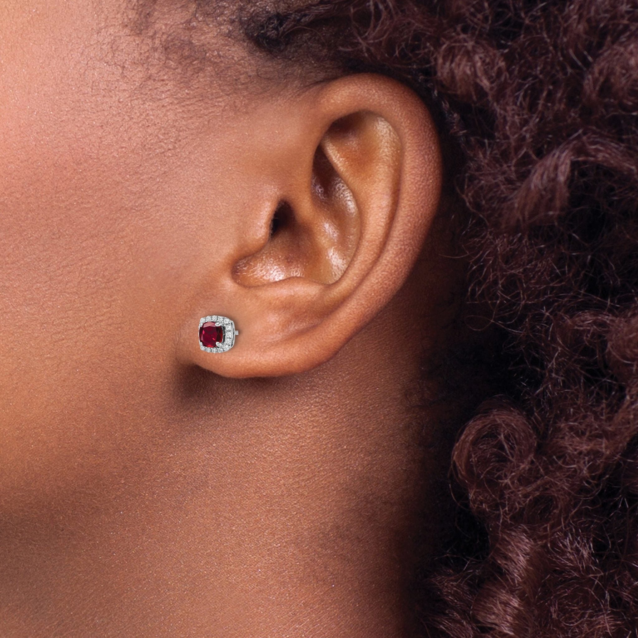 10k White Gold 1/10 carat Lab Grown Diamond VS/SI+ G+ and Created Ruby Complete Square Halo Post Earrings