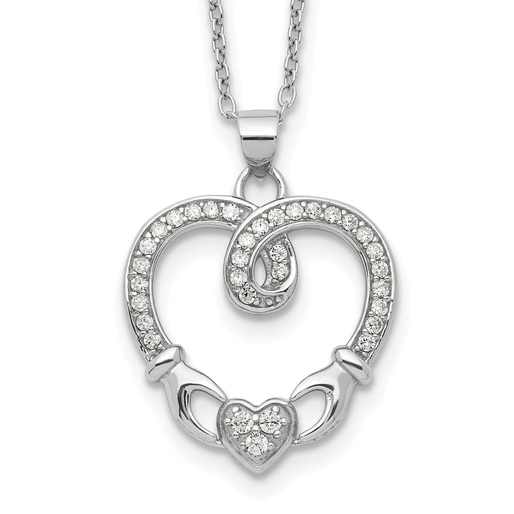 Sterling Silver Rhod-plated Claddagh Heart CZ  With  1 in ext.Necklace