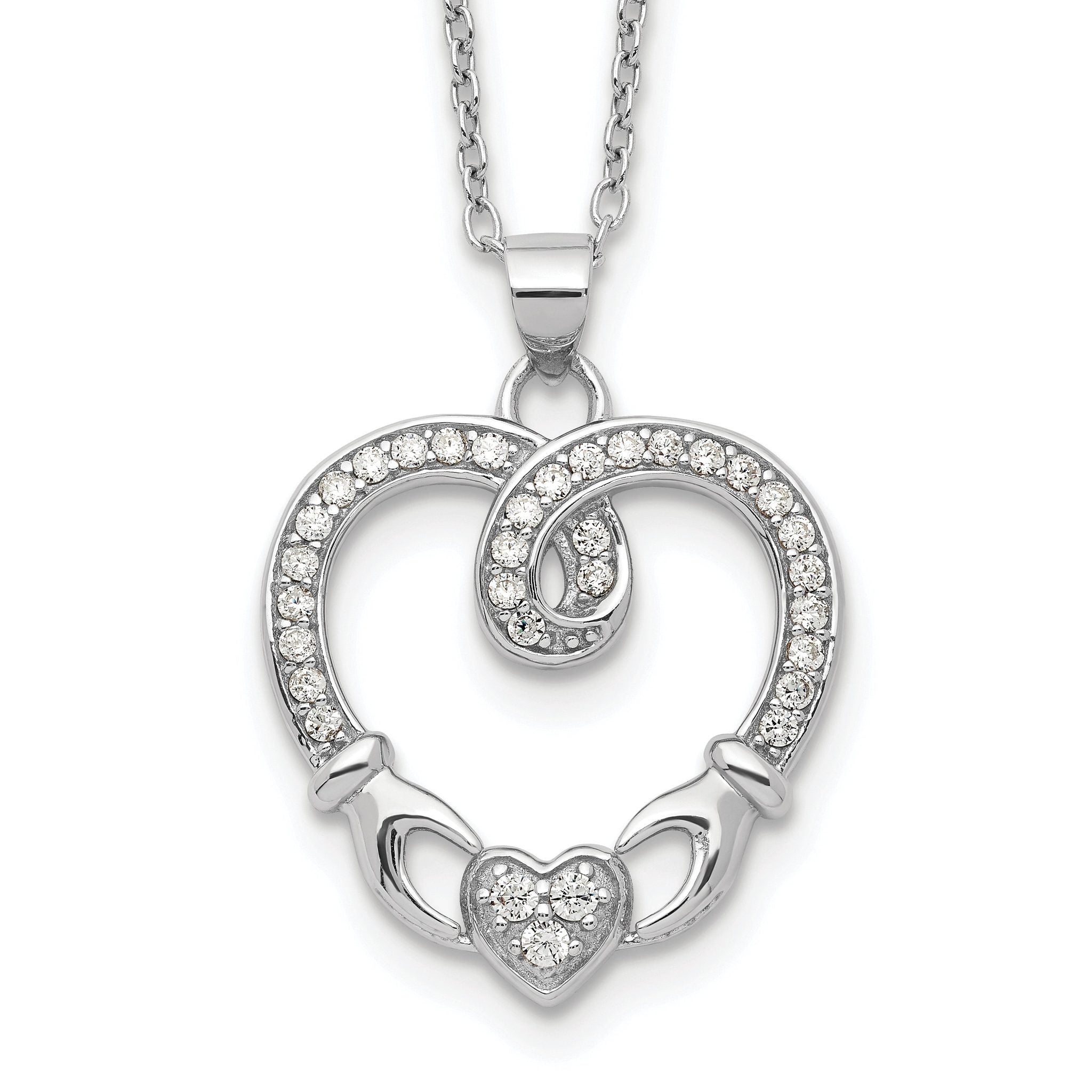 Sterling Silver Rhod-plated Claddagh Heart CZ  With  1 in ext.Necklace