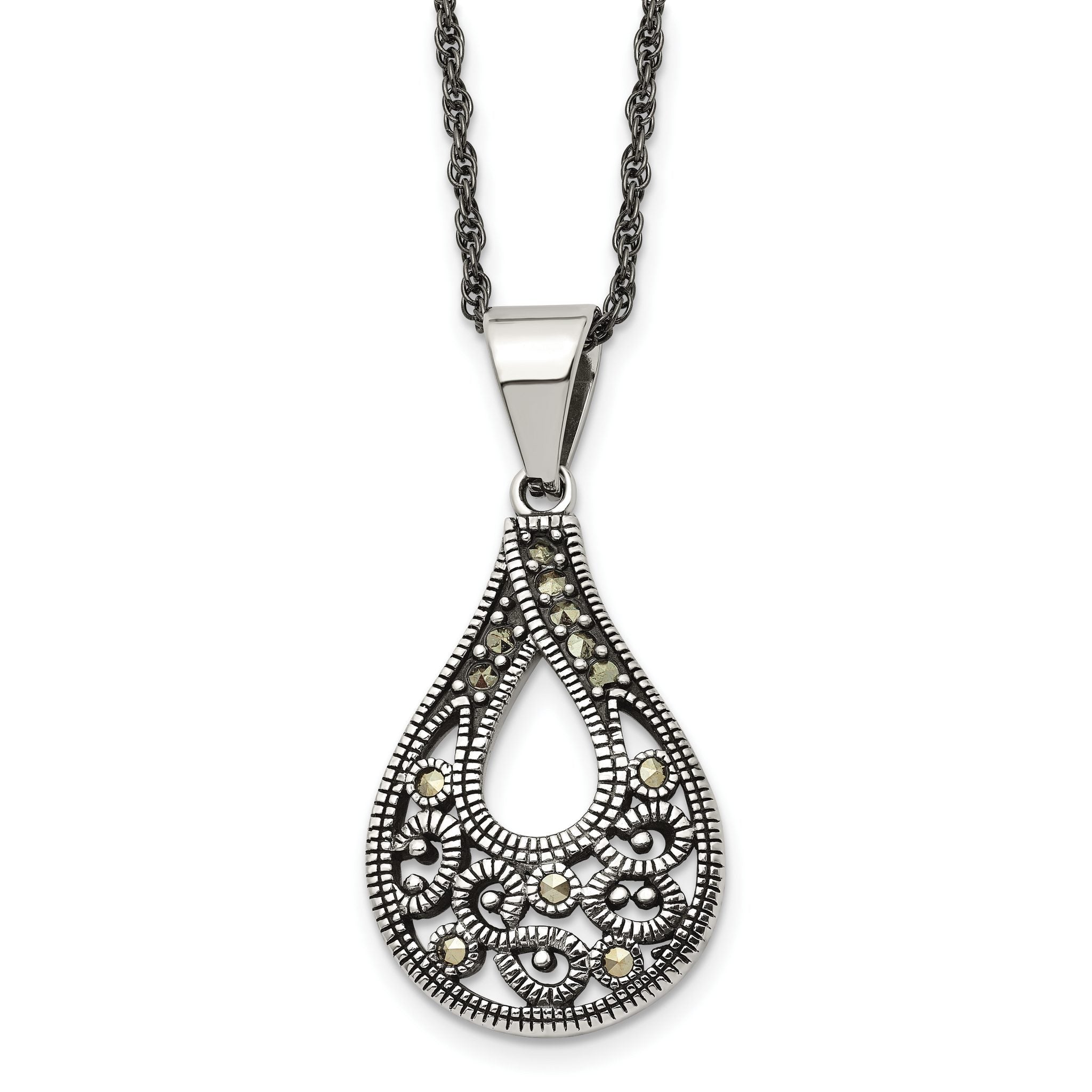 Chisel Stainless Steel Antiqued, Polished and Textured Marcasite Teardrop Pendant on a 20 inch Singapore Chain Necklace Main image