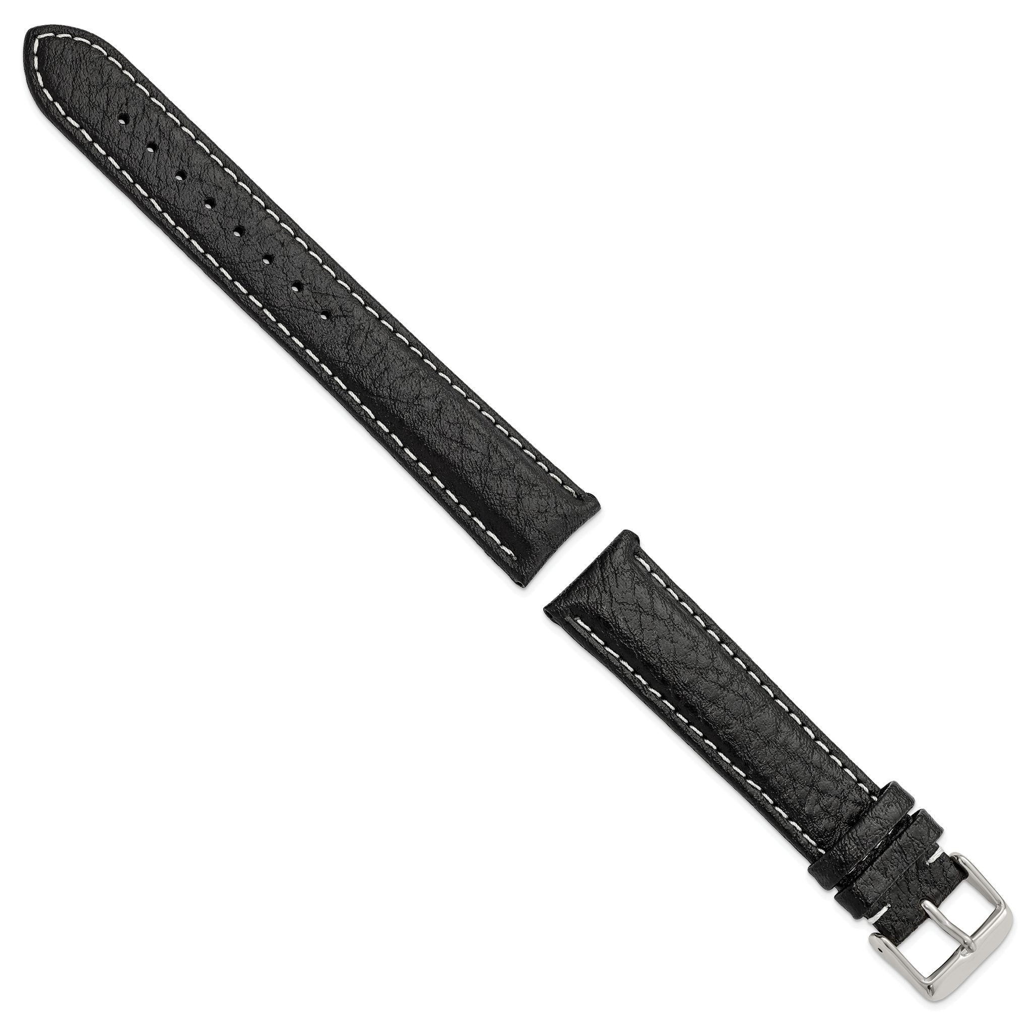 Black Sport Watch Band in Leather with White Stitching, 16mm
