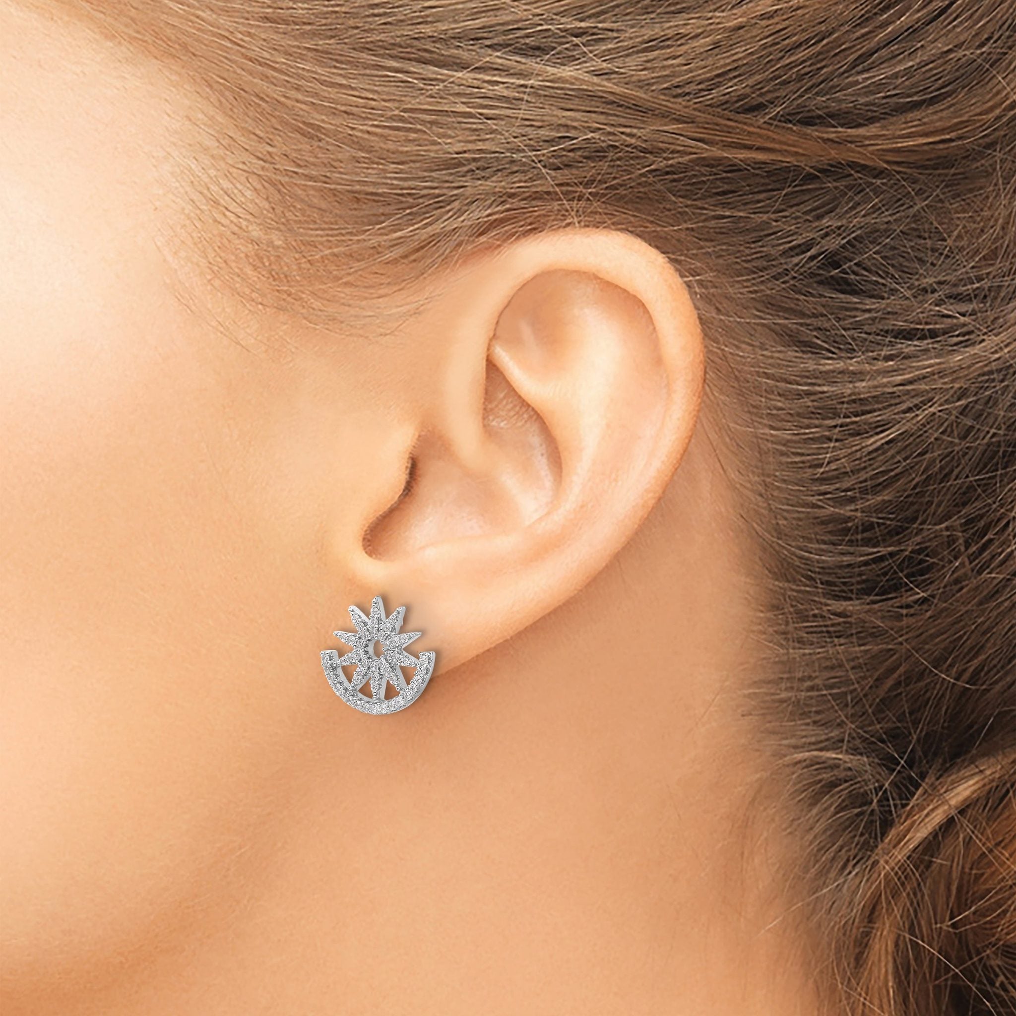 Pure Fire Sterling Silver Rhod-plated CZ Fancy Half Circle Star Post Earrin