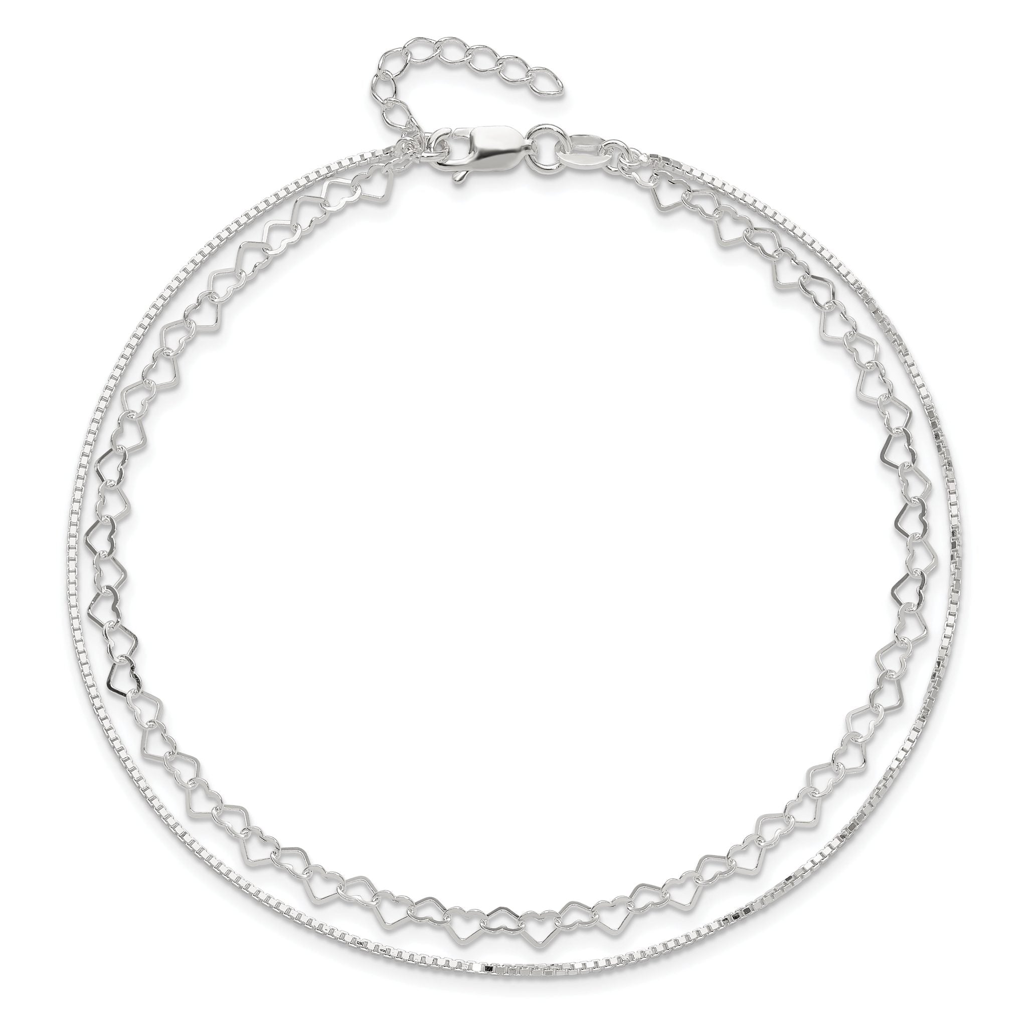 Sterling Silver 2-Strand Heart Link 9 inch Plus 1 inch Extender - Total 10 inch Anklet