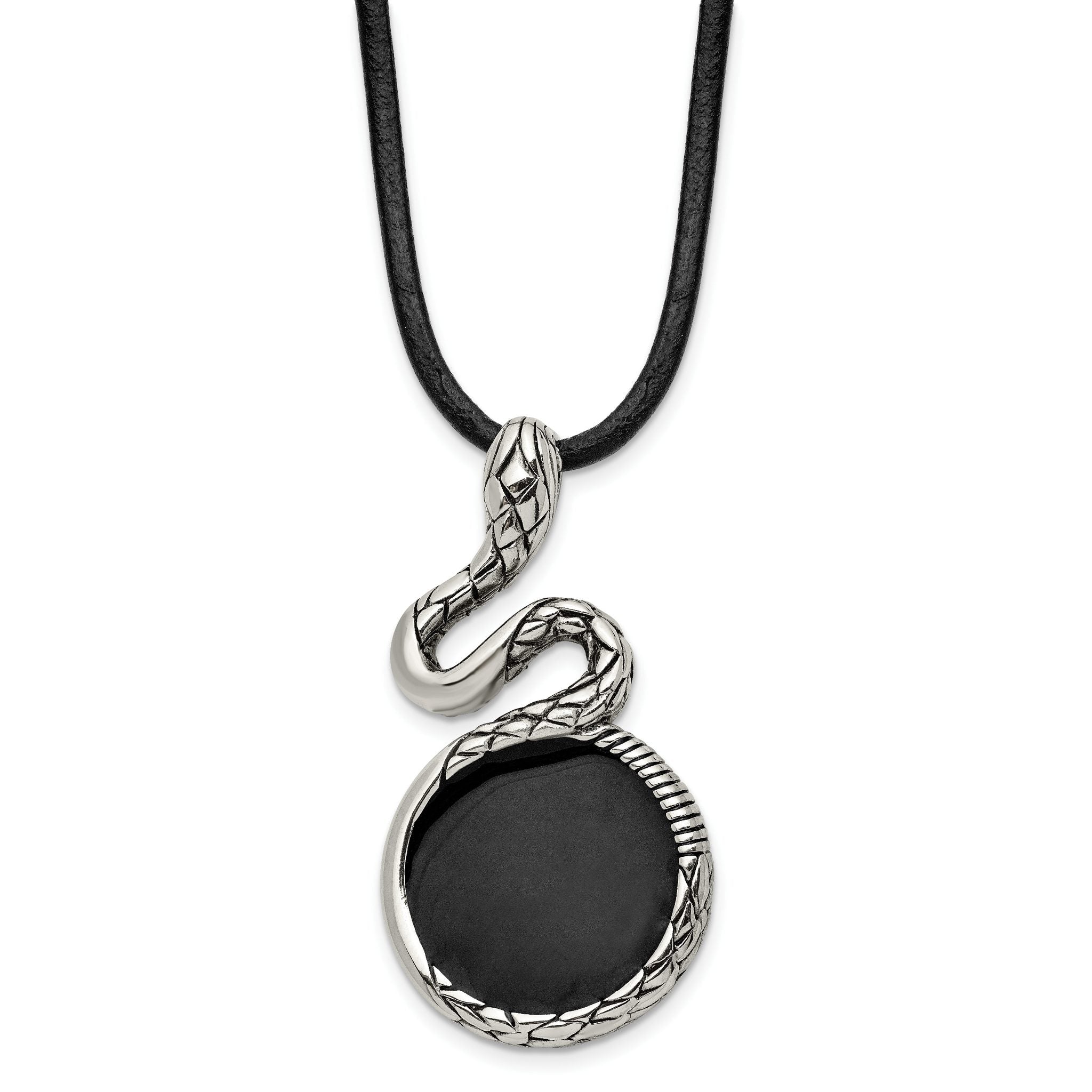 Antiqued Snake Pendant in Stainless Steel on Leather Cord