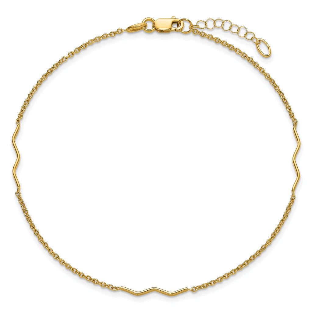 14K Wavy Bar 3-Station 9 inch Plus 1 inch Extender - Total 10 inch Anklet