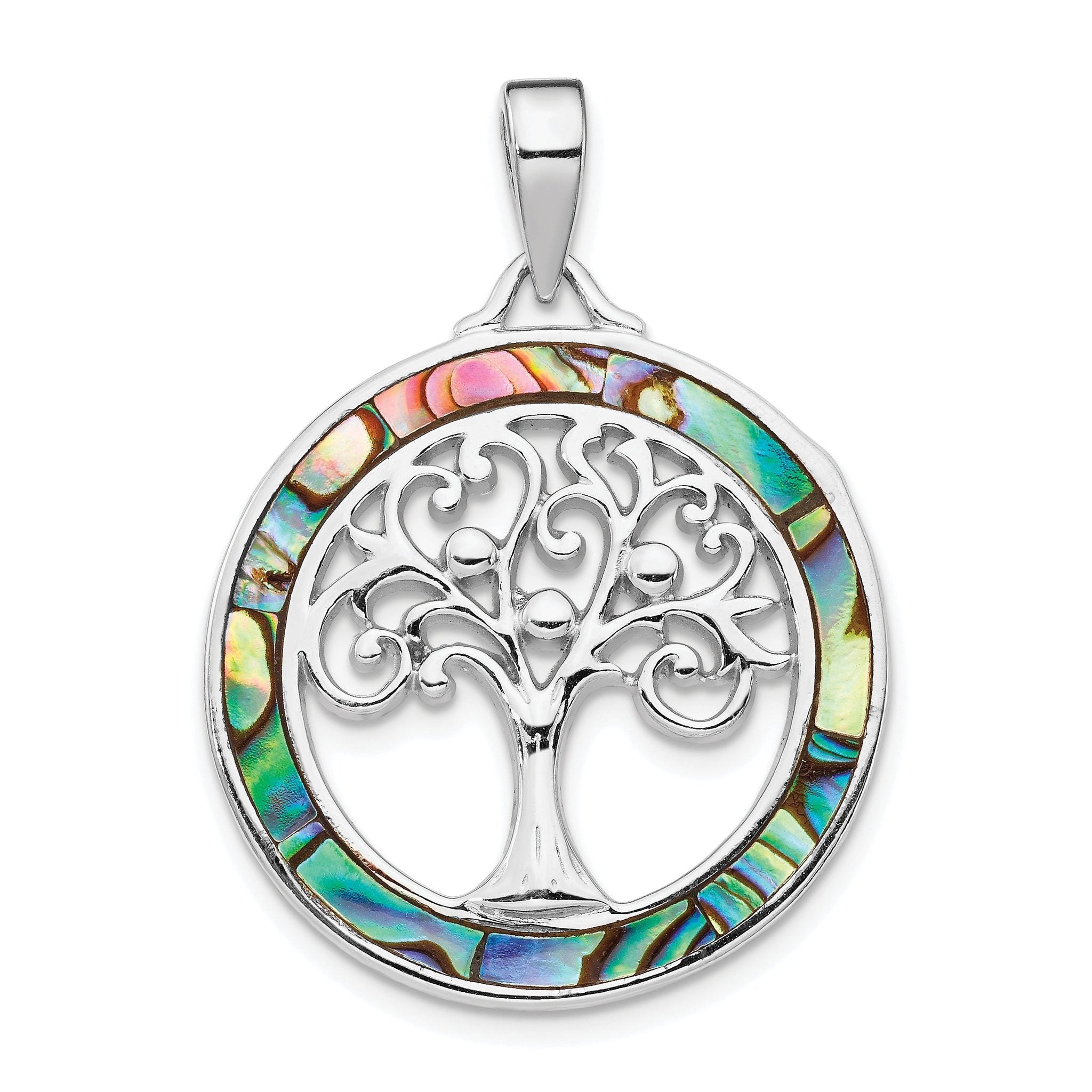 Sterling Silver Rhodium-plated Abalone Circle w/Tree of Life Pendant Main image