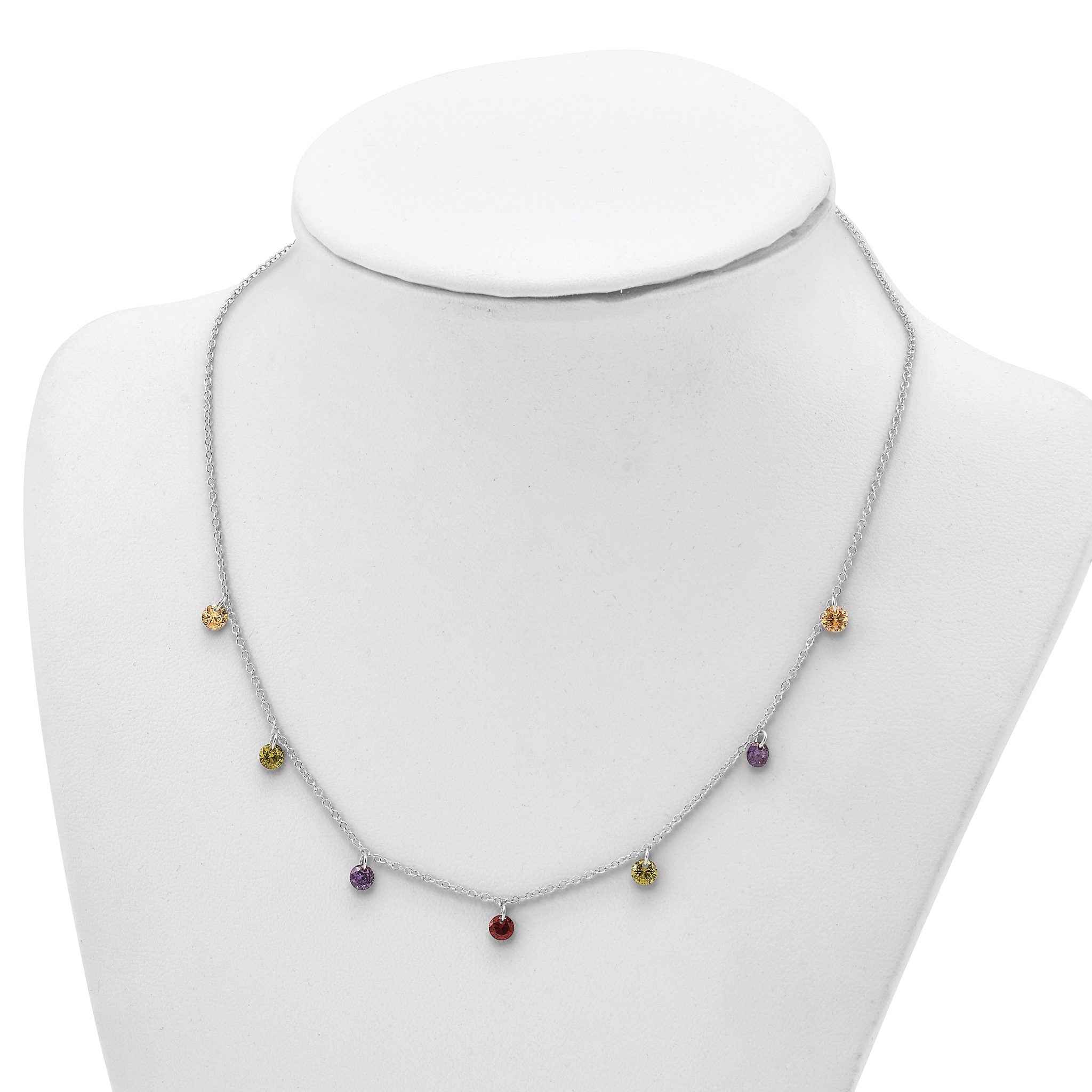 Prizma Sterling Silver Rhodium Plated 16 inch Dangling Colorful CZ Necklace with 2 inch Extender
