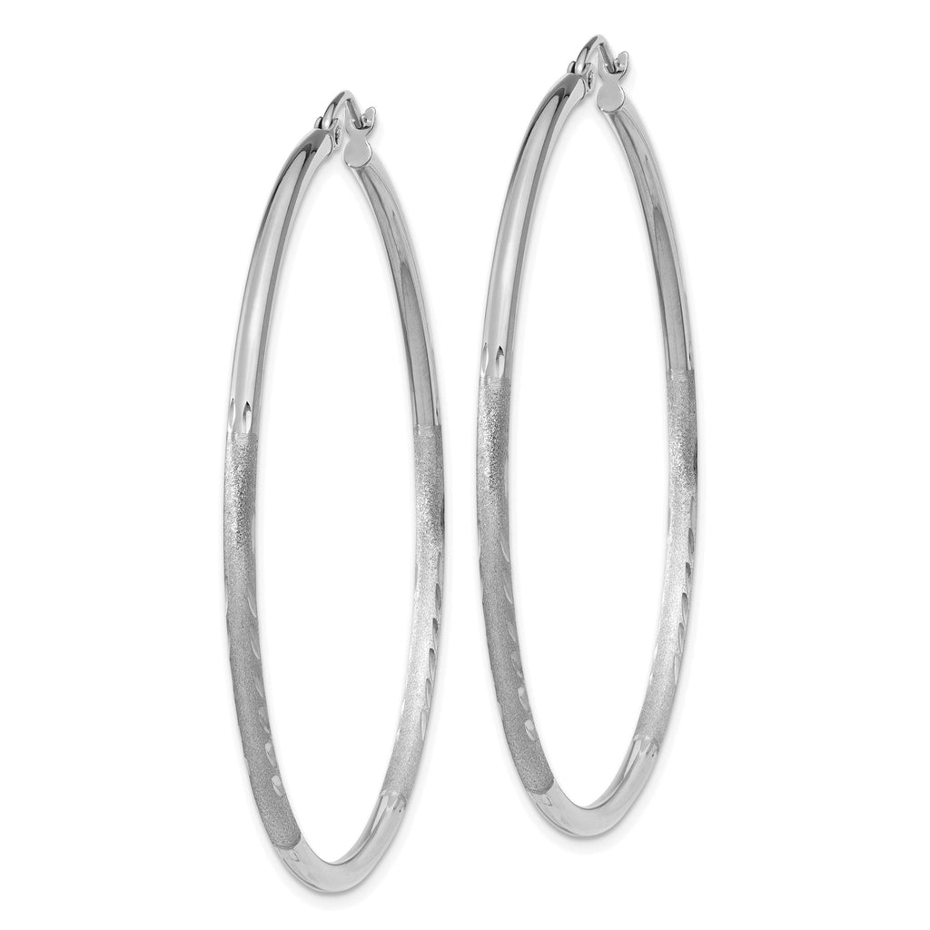 14k White Gold Satin and Diamond-cut 2mm Round Hoop Earrings