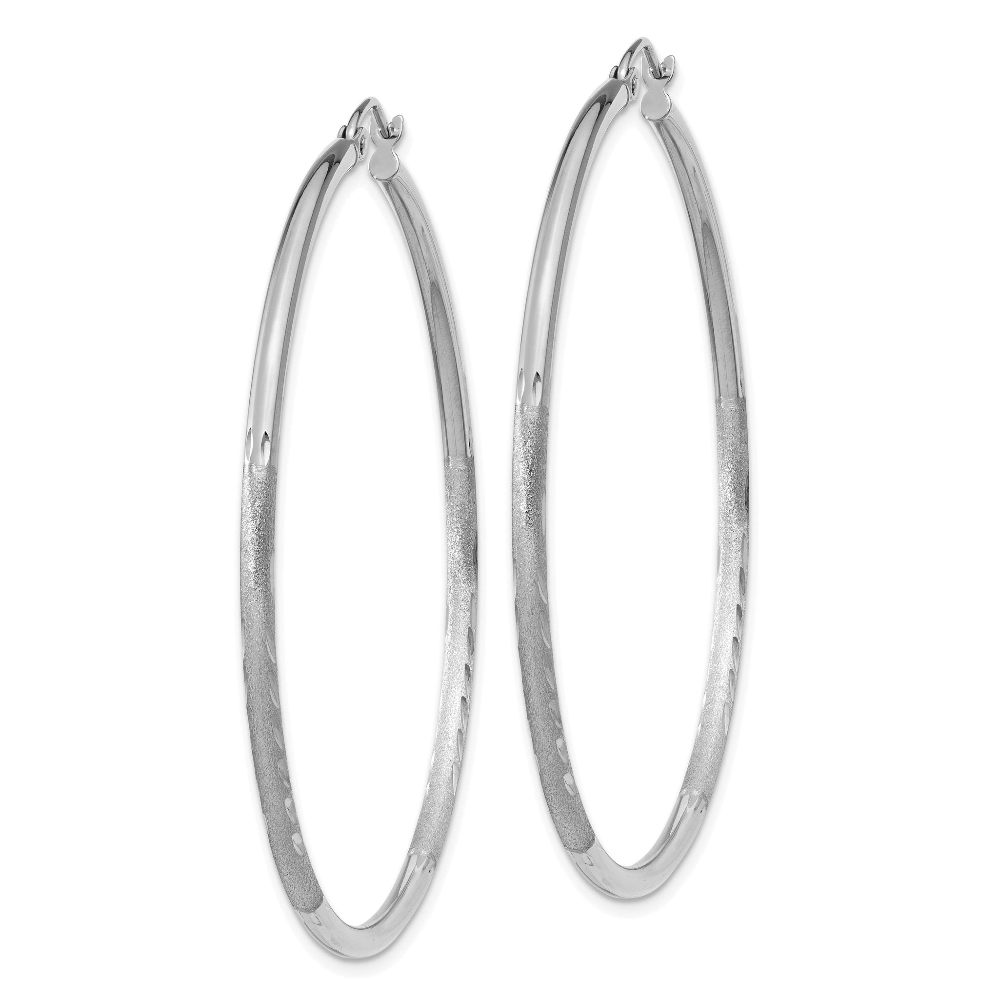 14k White Gold Satin and Diamond-cut 2mm Round Hoop Earrings